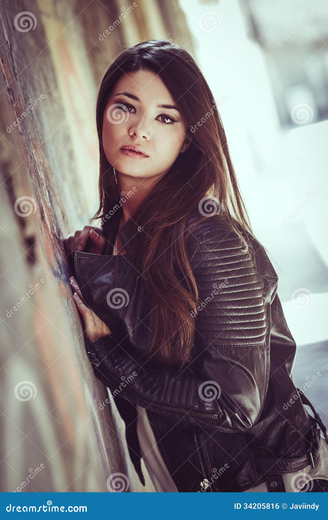 Beautiful Japanese Woman In Urban Background Wearing Leather Jac ...