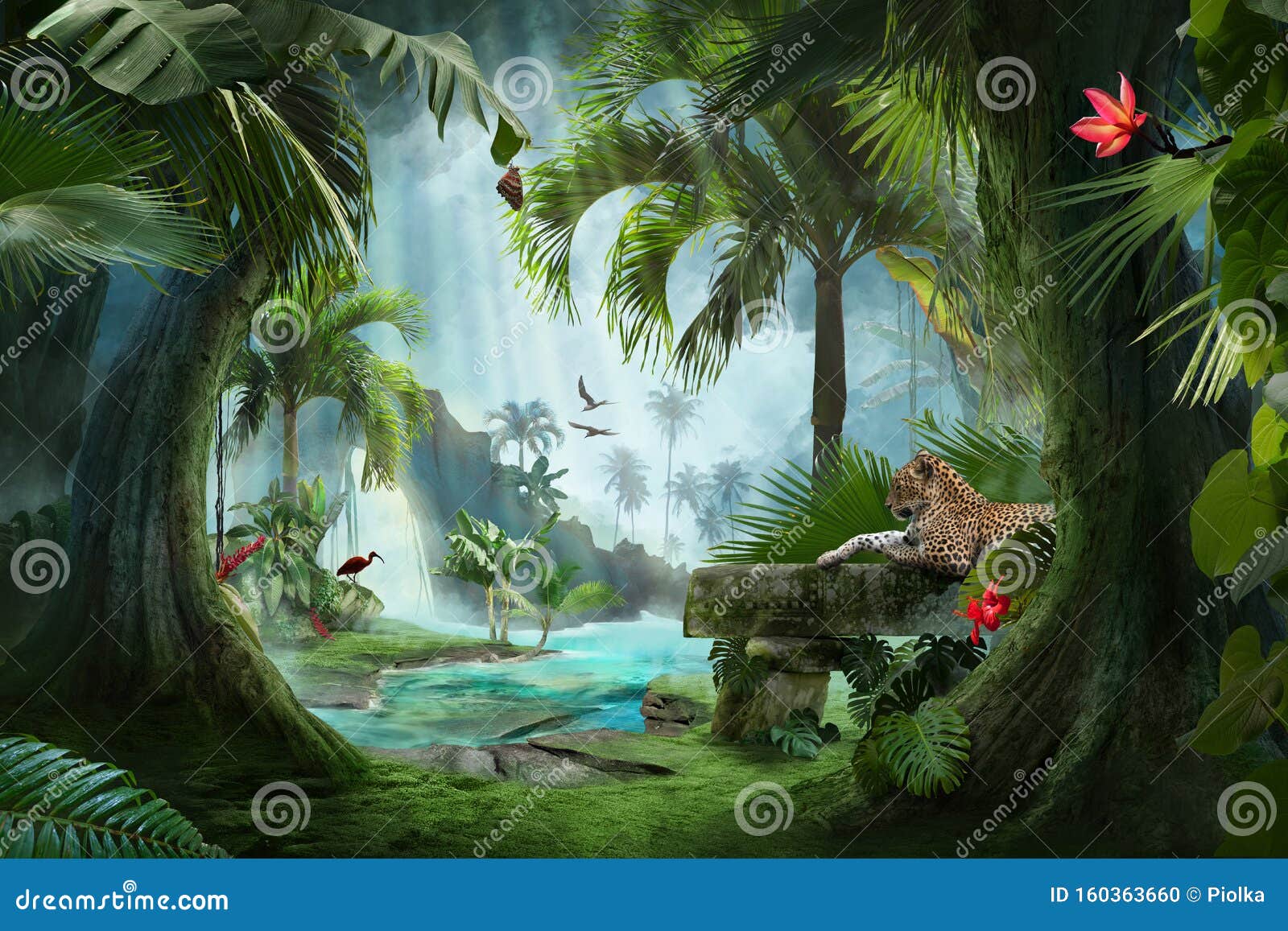 beautiful jungle beach lagoon view with a jaguar, palm trees and tropical leaves