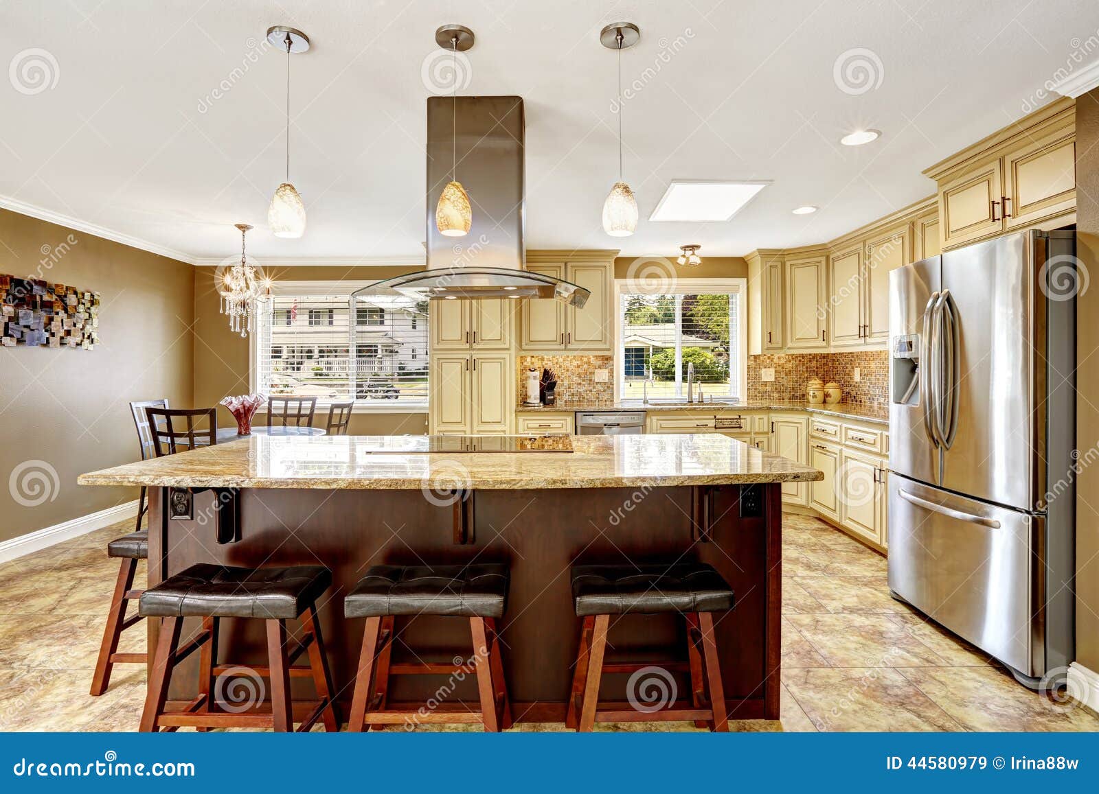 Beautiful Kitchen Island With Granite Top And Hood Stock Image