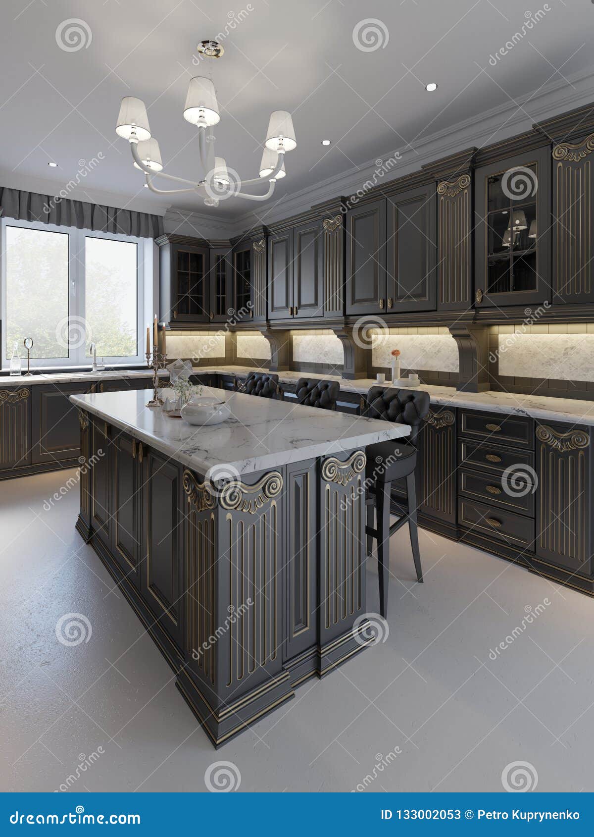 Beautiful Kitchen In Luxury Home With Island Pendant Lights