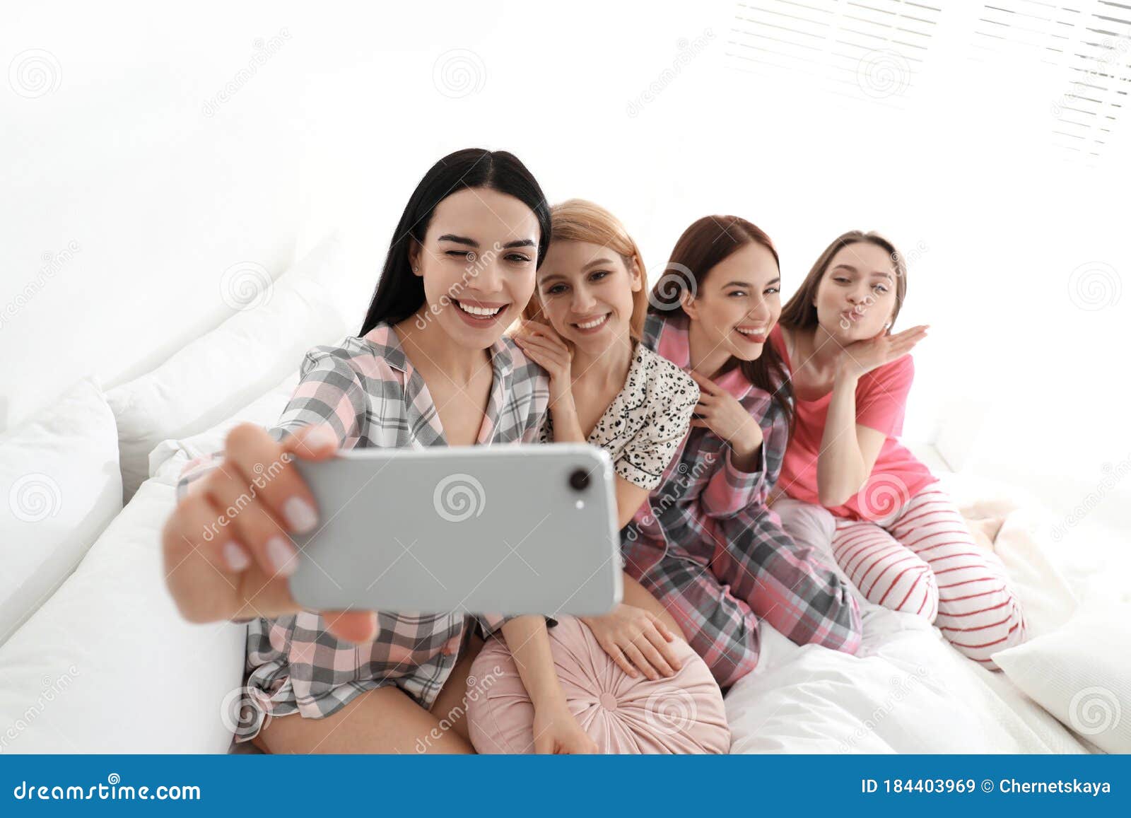 Beautiful Ladies Taking Selfie on Bed at Pamper Party. Women`s Day ...