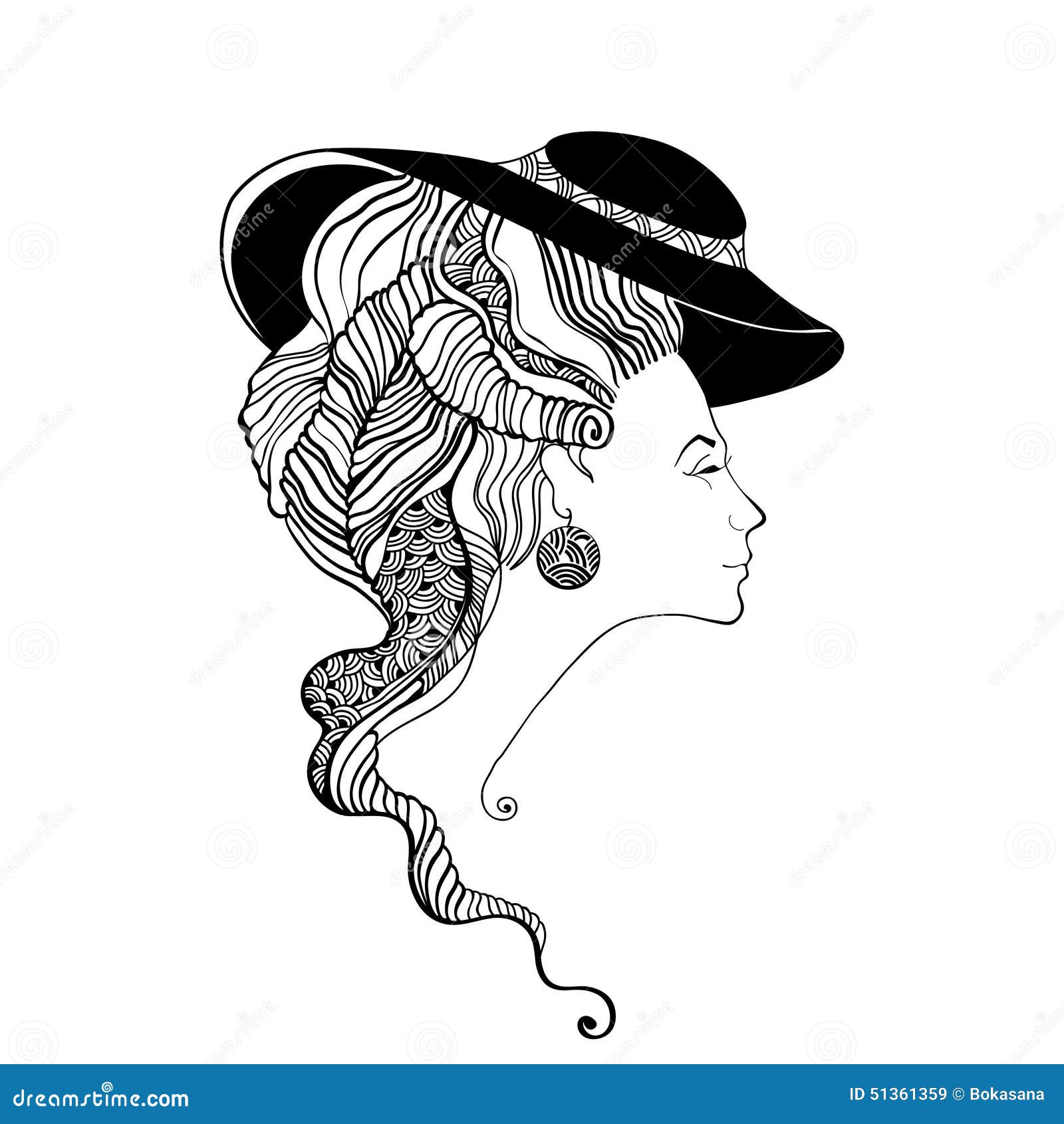 Beautiful Lady Head Silhouette. Baroque Style. Stock Vector