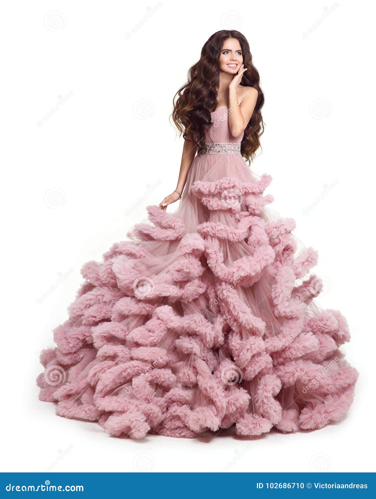 Beautiful Lady in Luxury Lush Pink Dress. Fashion Brunette Smiling Woman in  Gorgeous Long Gown Posing Isolated on White Studio Ba Stock Photo - Image  of fashionable, healthy: 102686710