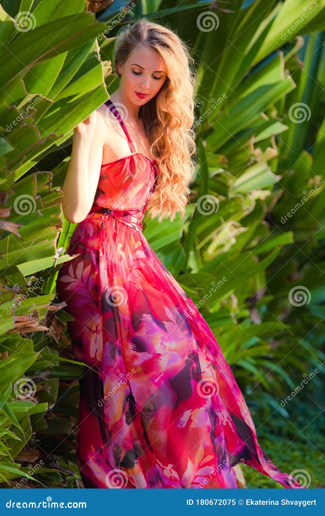 Lady in Red Bright Dress in Tropics Stock Image - Image of palm, green ...