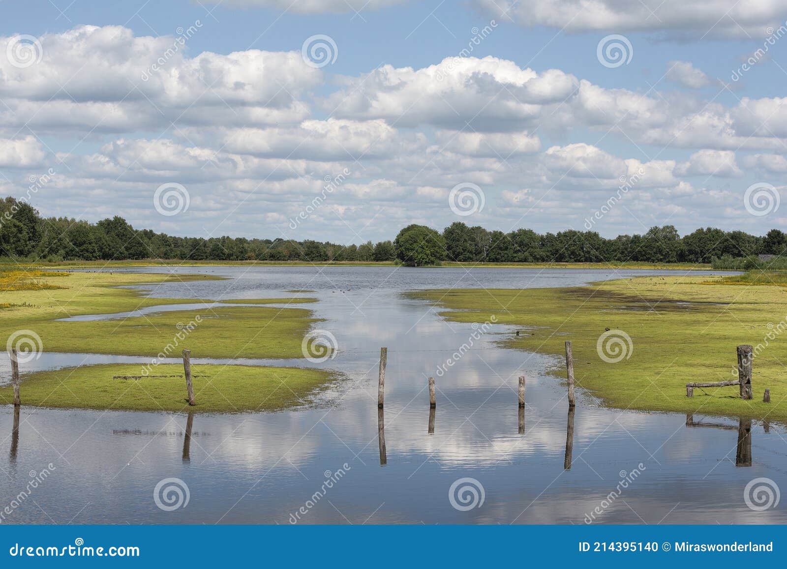 beautiful lake scenery with clouded sky and the reflection of the clouds in the water