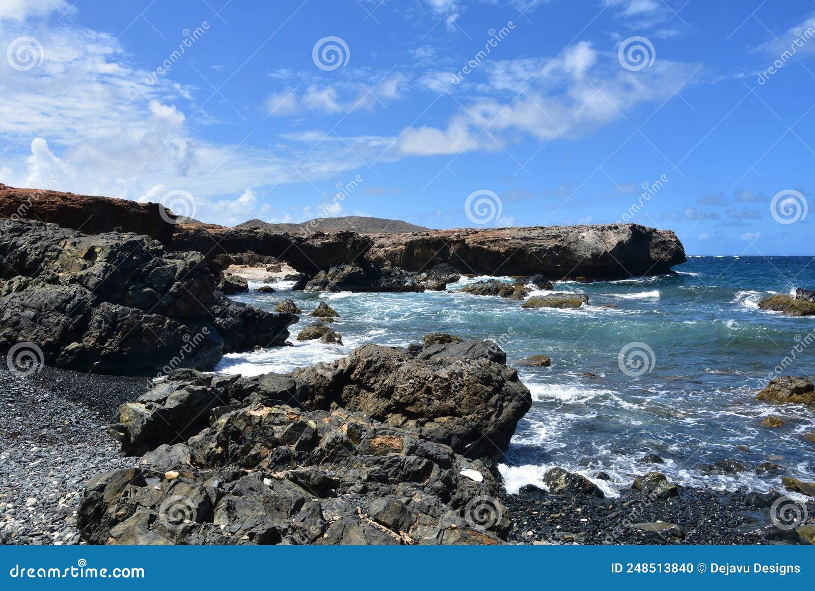 Beautiful Landscape Of Black Stone Beach In Aruba Stock Photo Image