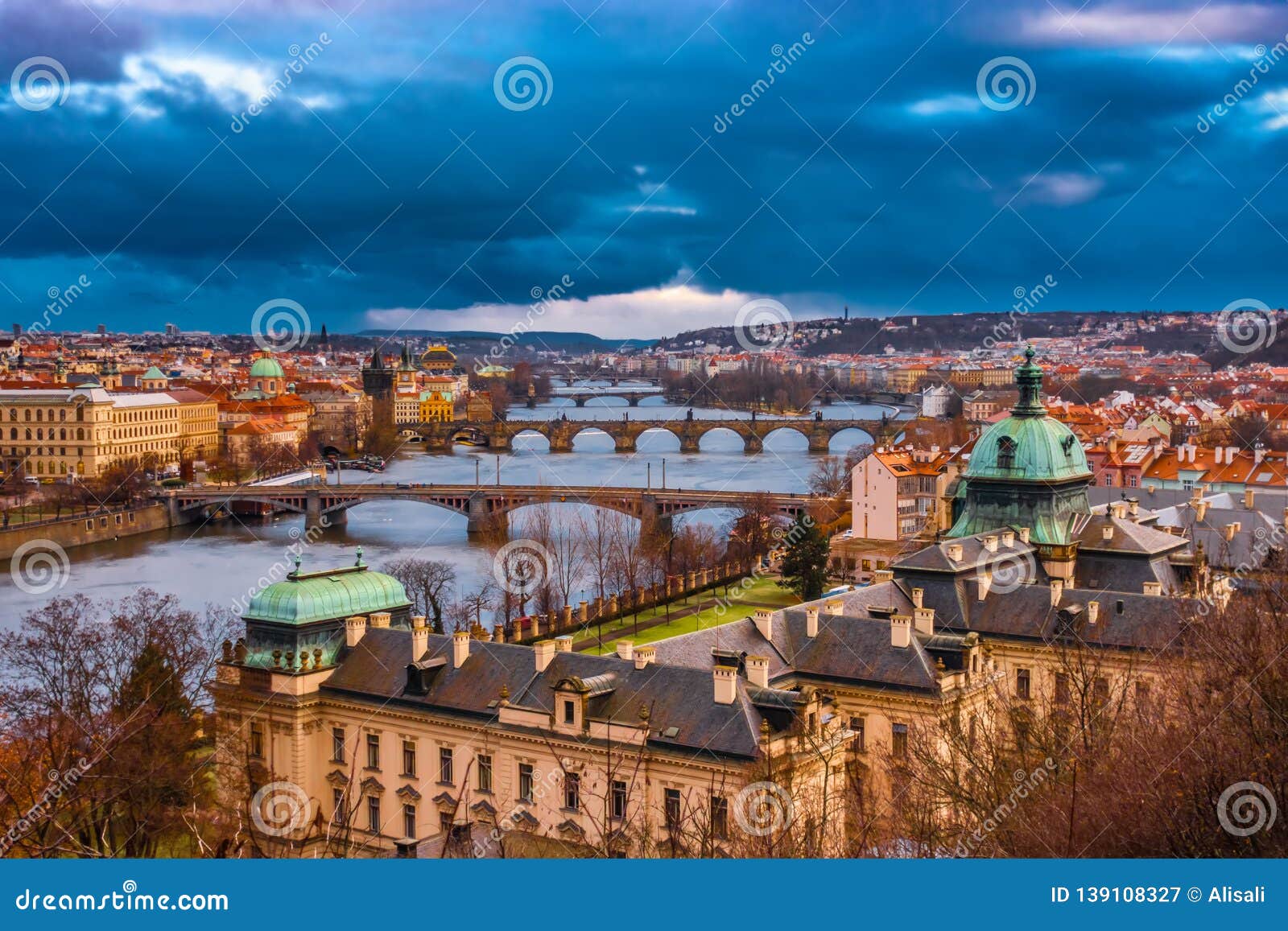 Landscape Of Bridges Over Vltava River In Prague City