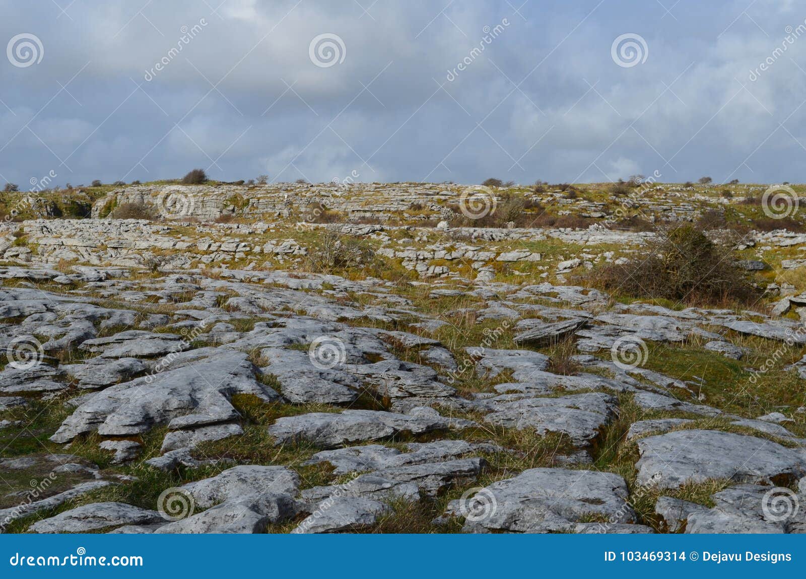 beautiful landscape in burren with rocky fields and blue skies