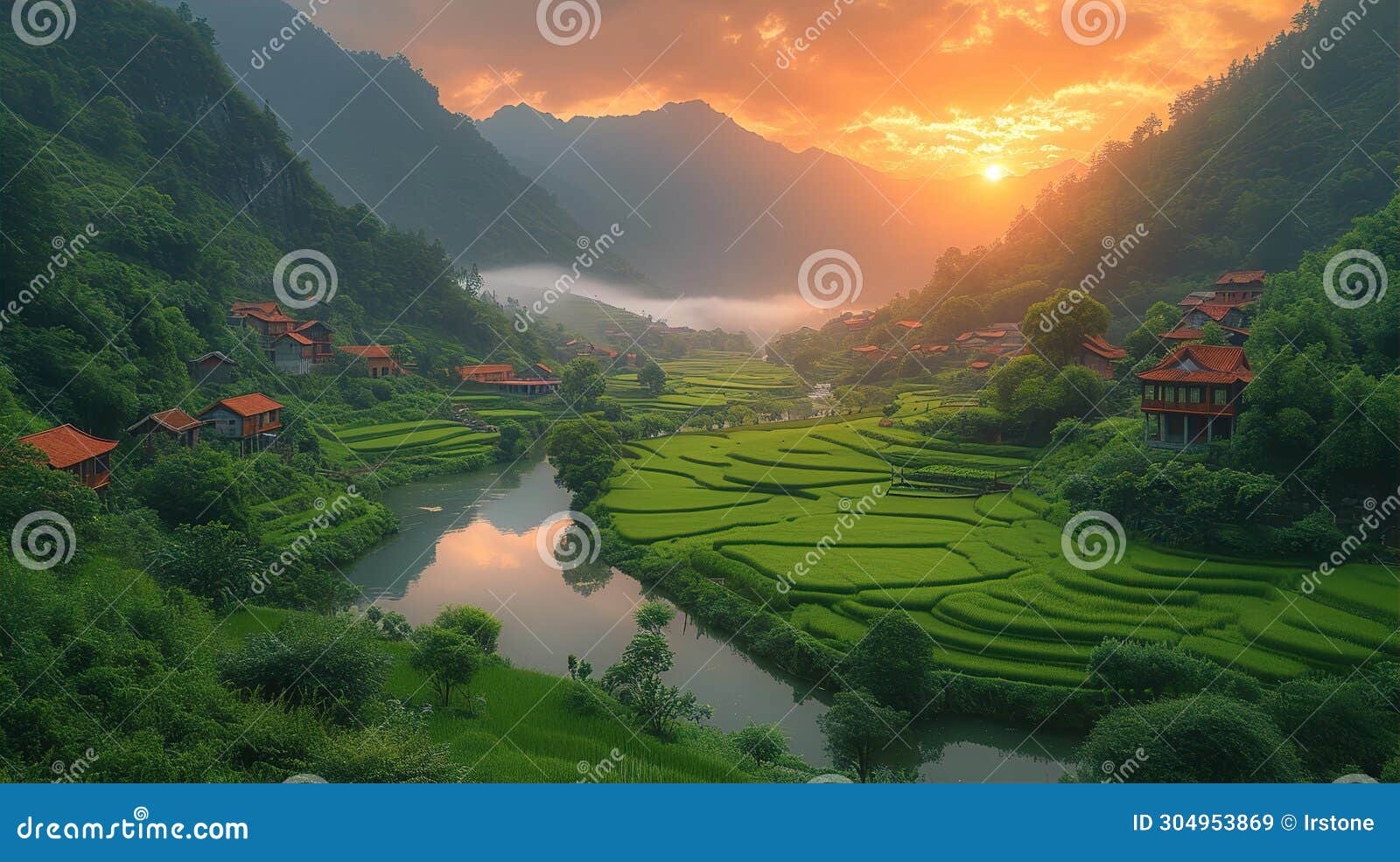 : beautiful landscape of china rural countryside with rive and traditional houses at sunset
