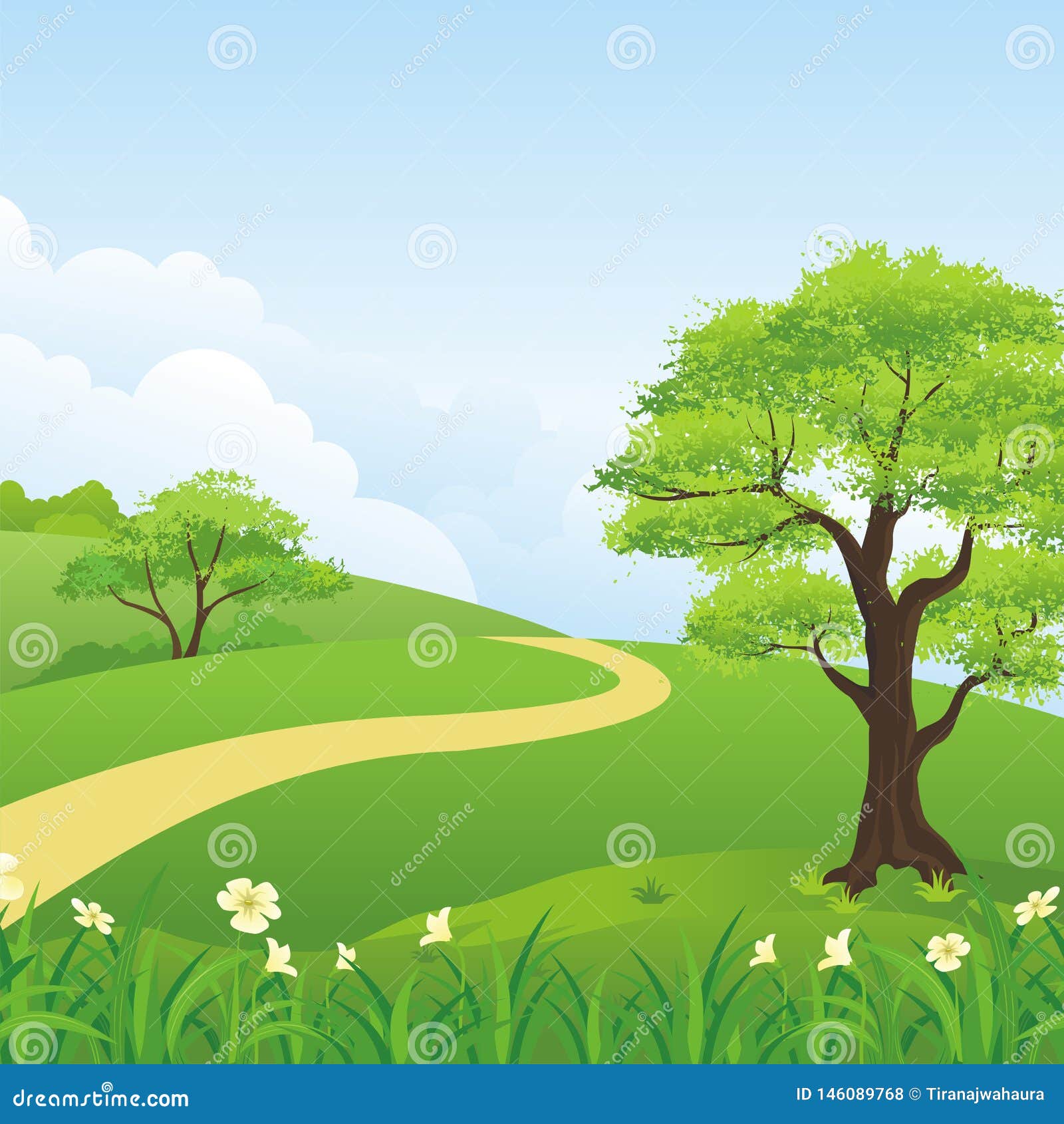 Beautiful Landscape, Lovely and Cute Scenery Cartoon Design. Stock