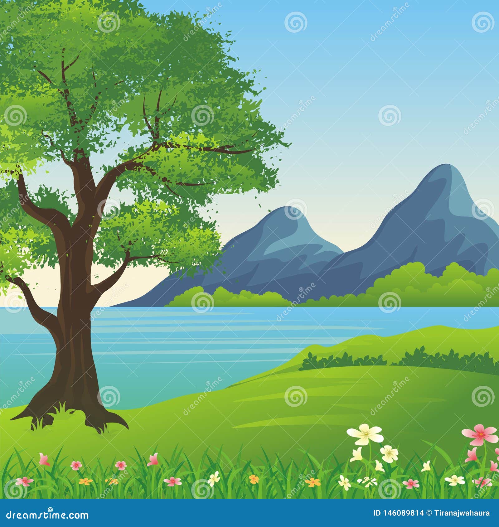 Beautiful Landscape, Lovely and Cute Scenery Cartoon Design. Stock