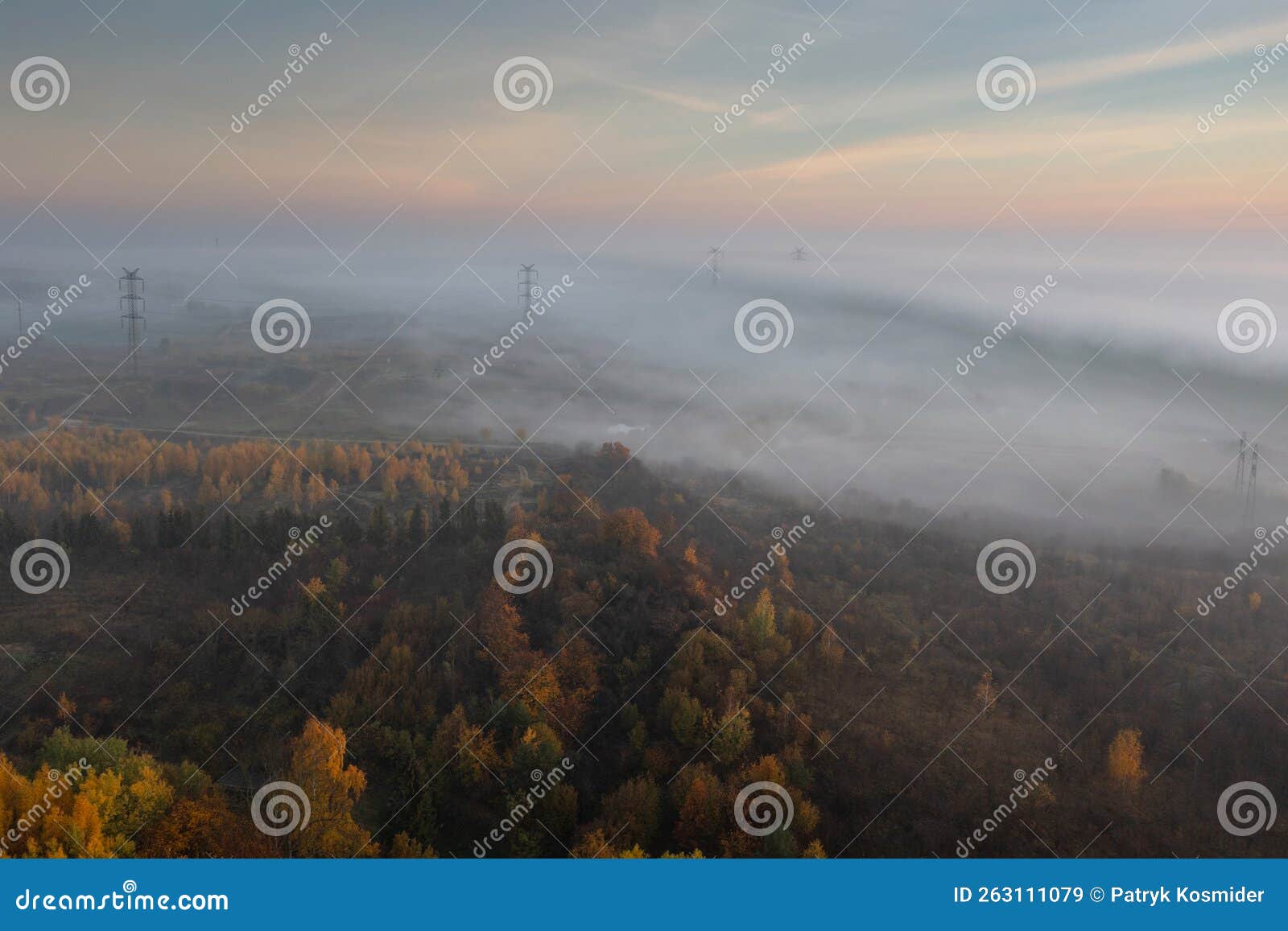 beautiful landscape with morning fog over the forest in poland