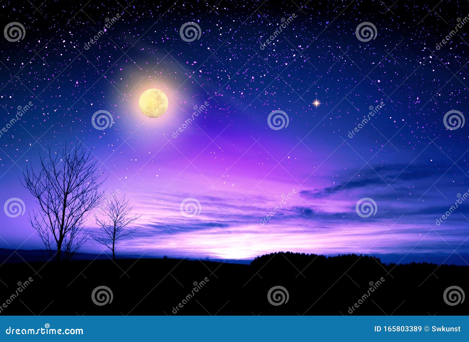 Beautiful Landscape with Night Sky and Big Full Moon. Nature Landscape.  Stock Image - Image of background, nature: 165803389