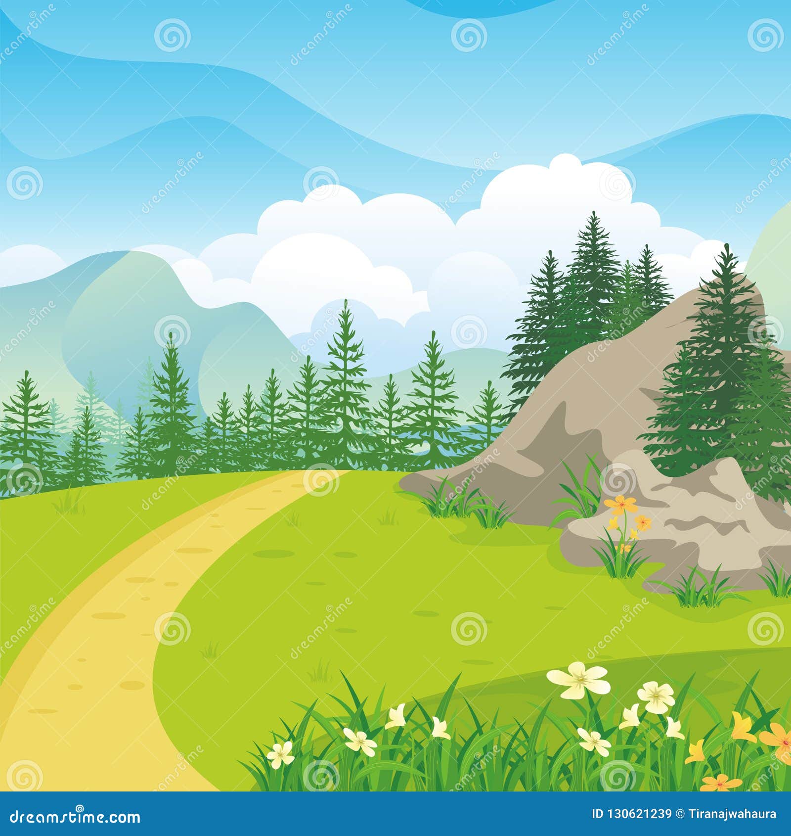 Beautiful Landscape with Rocky Hill, Lovely and Cute Scenery Cartoon ...