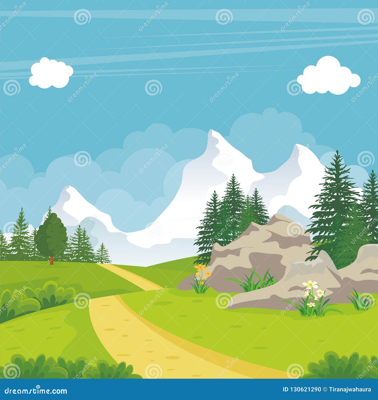 Beautiful Landscape with Rocky Hill, Lovely and Cute Scenery Cartoon  Design. Stock Vector - Illustration of blossom, flat: 130621290