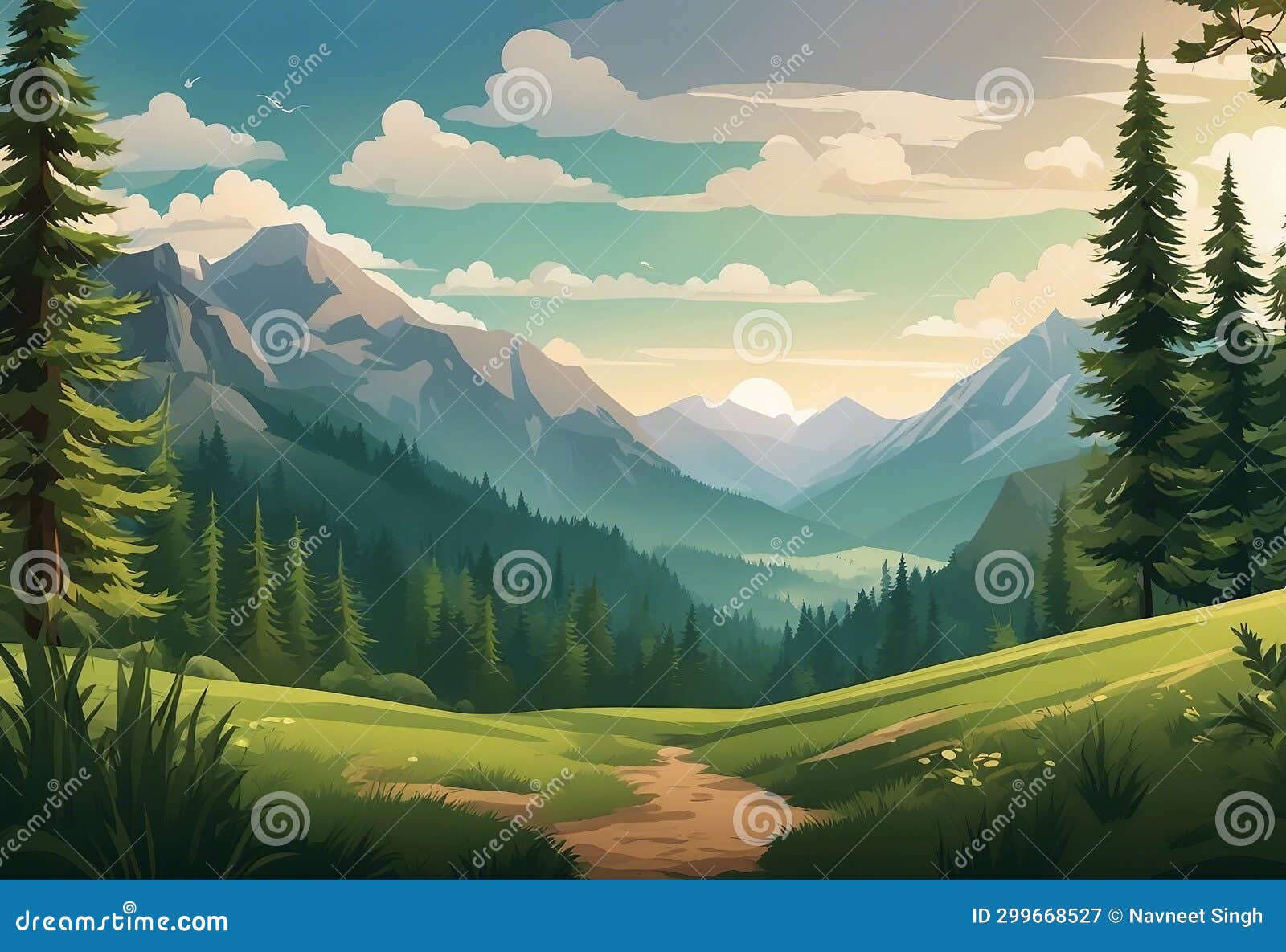 Beautiful Landscape Vector Illustration of Coniferous Forest with ...