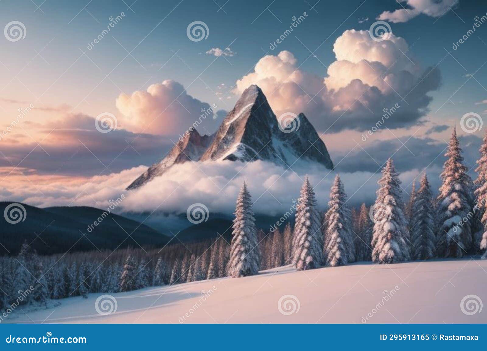 beautiful landscape with a winter theme, clouds, forest, mountains, ai generate