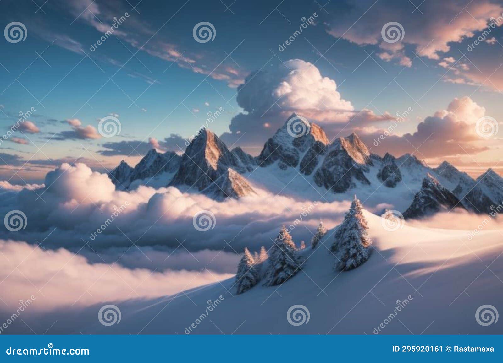 beautiful landscape with a winter theme, clouds, forest, mountains, ai generate