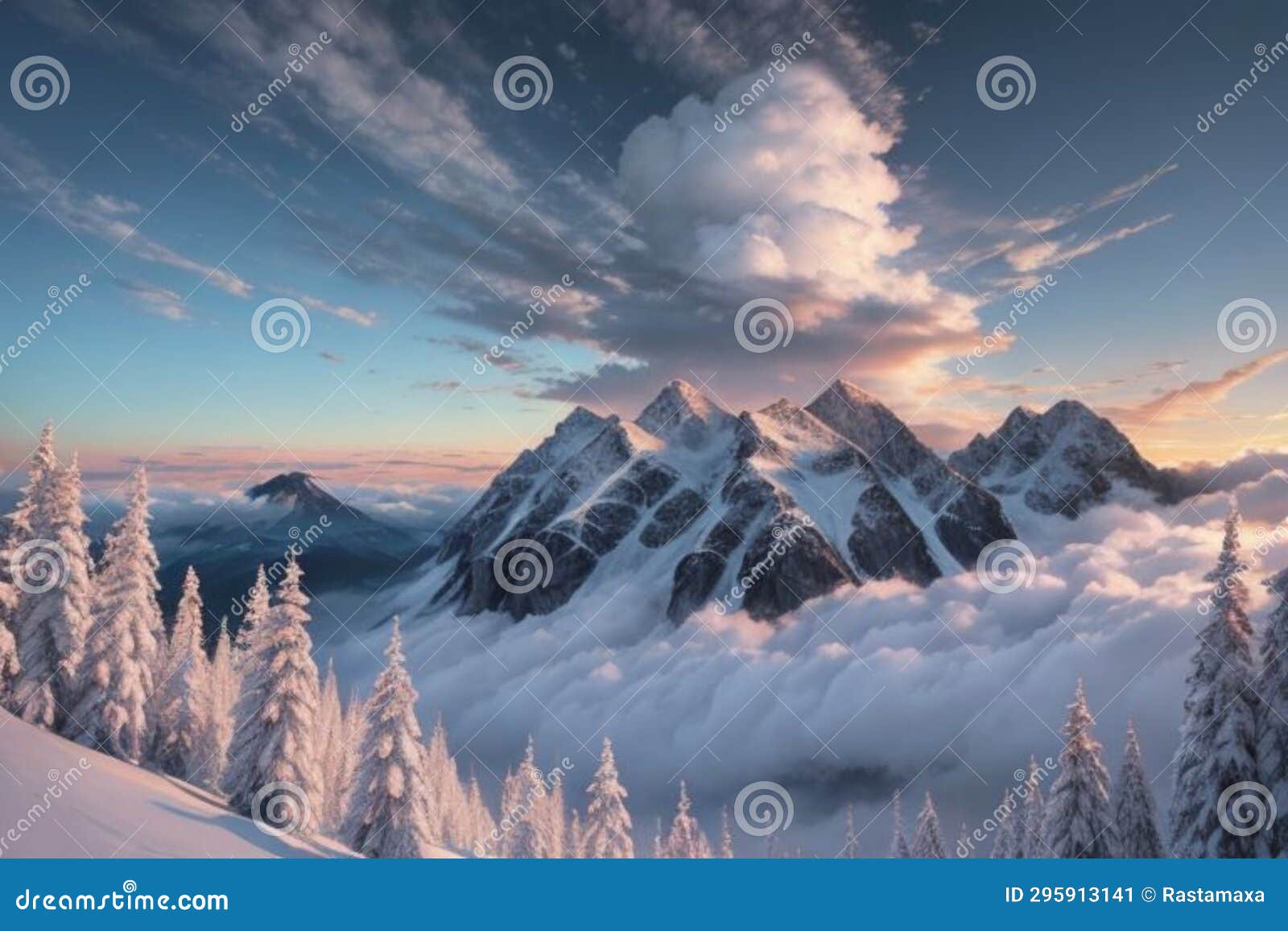 beautiful landscape with a winter theme, clouds, forest, mountains, ai generate