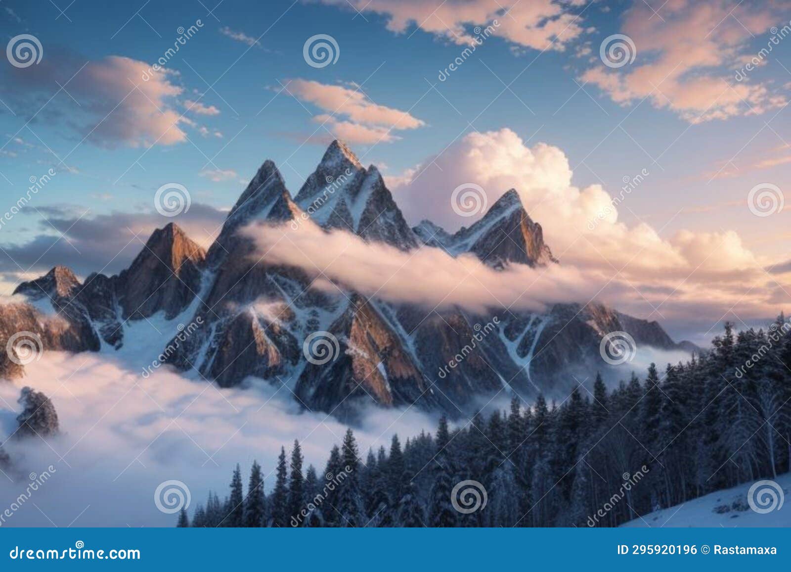 beautiful landscape with a winter theme, clouds, forest, mountains, ai generate