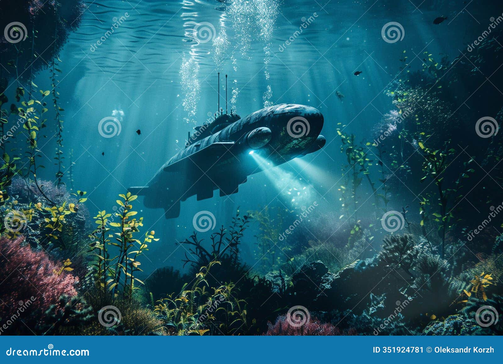 beautiful large bathyscaphe floating in middle of deep ocean during exploration, abstract vivid composition consists of