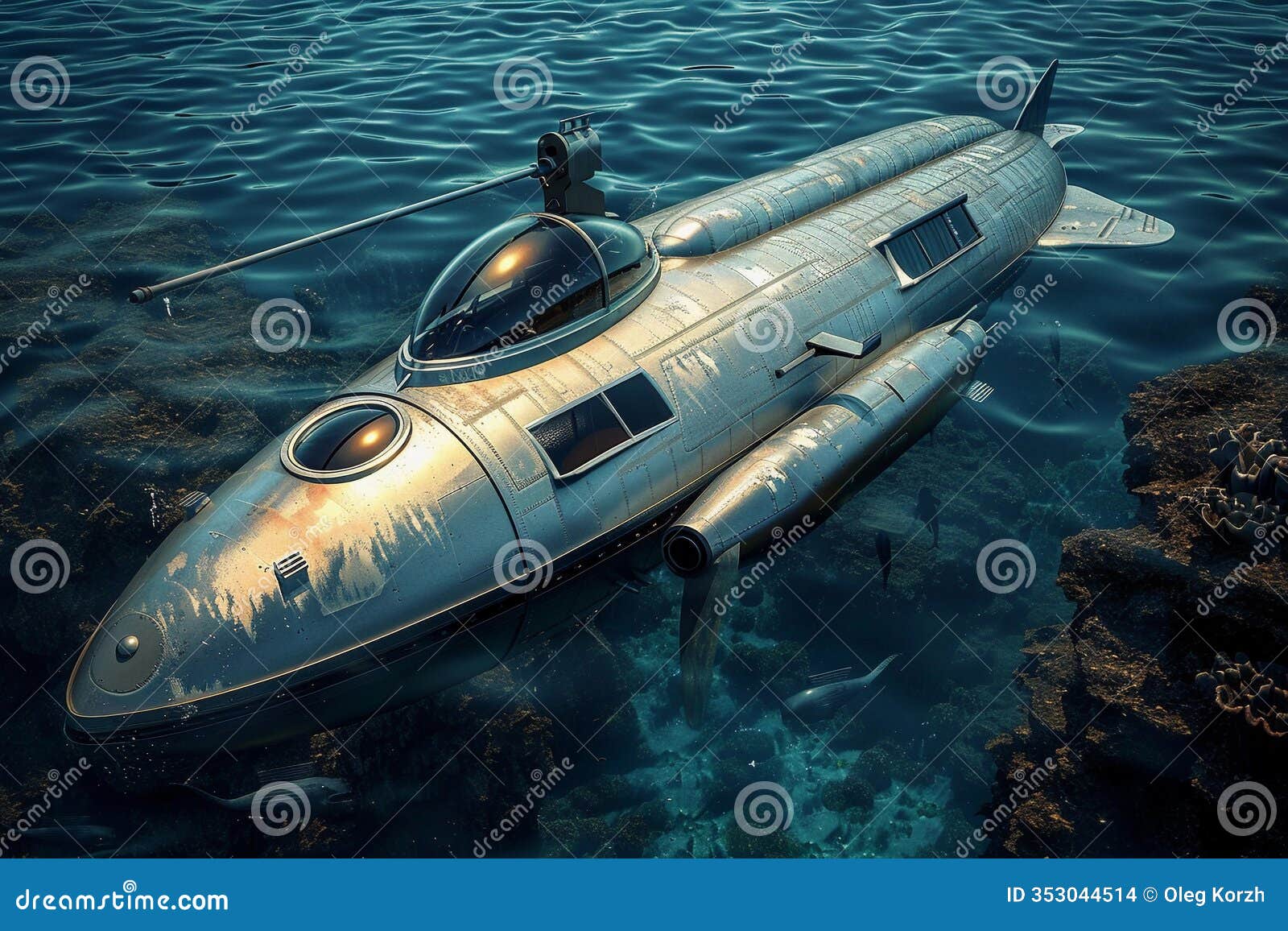 beautiful large bathyscaphe floating in middle of deep ocean during exploration, abstract vivid composition