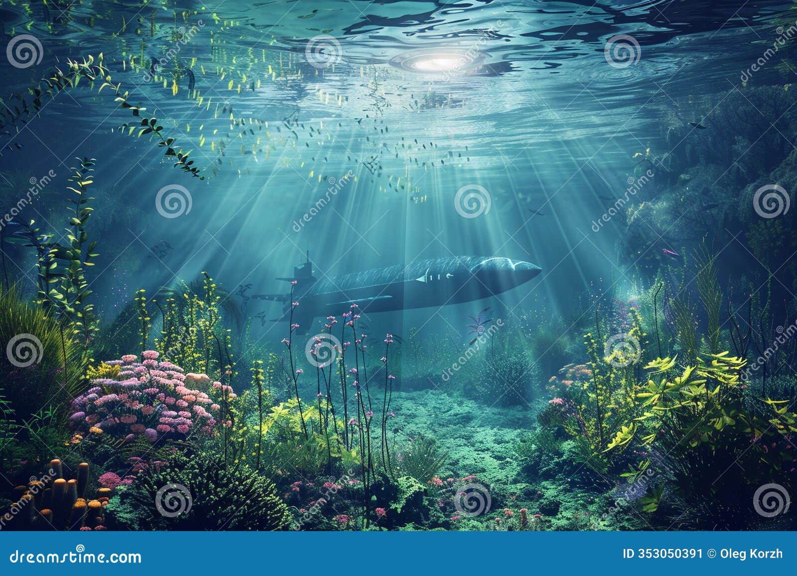 beautiful large bathyscaphe floating in middle of deep ocean during exploration, abstract vivid composition