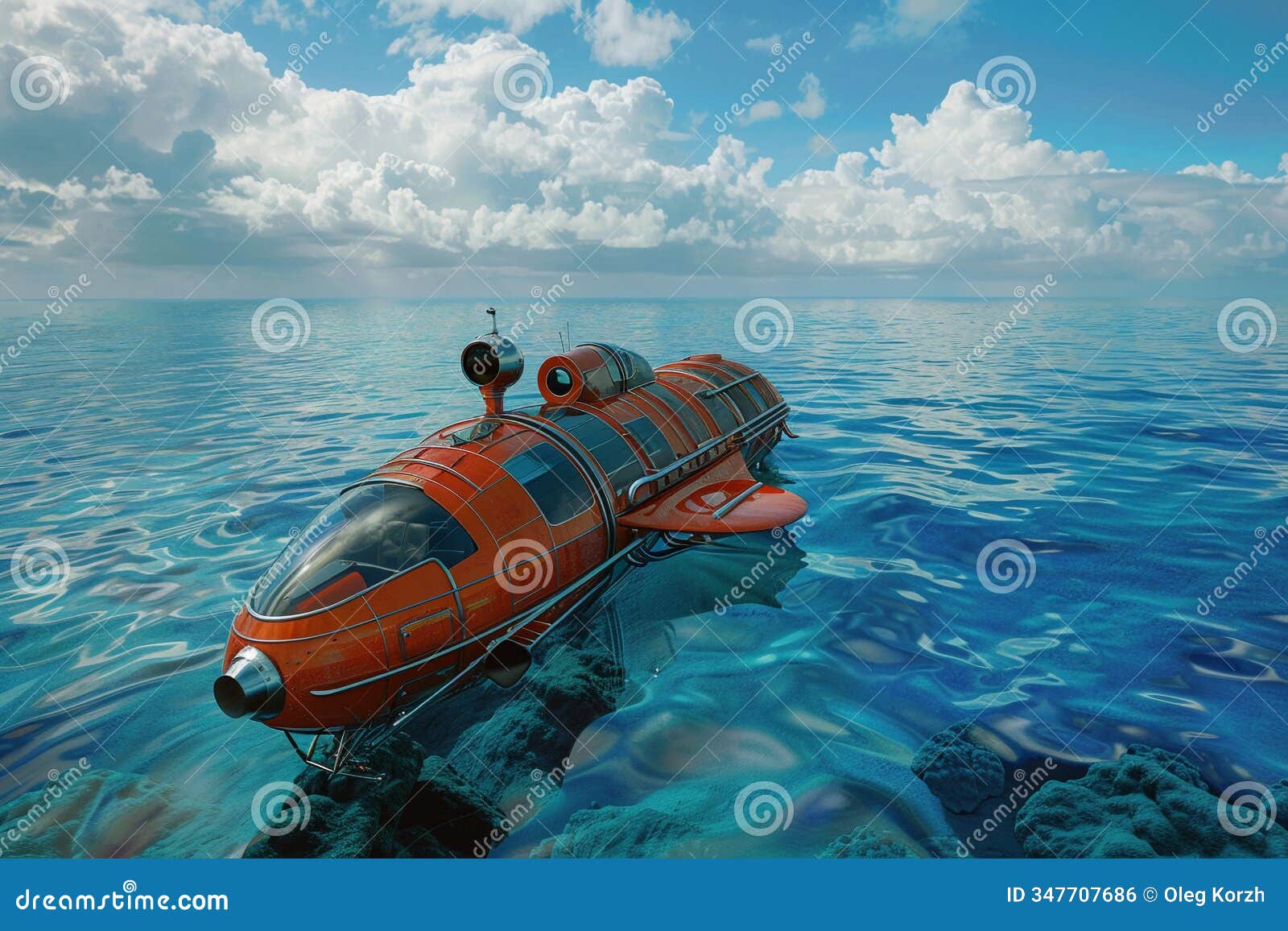 beautiful large bathyscaphe floating in middle of ocean during exploration