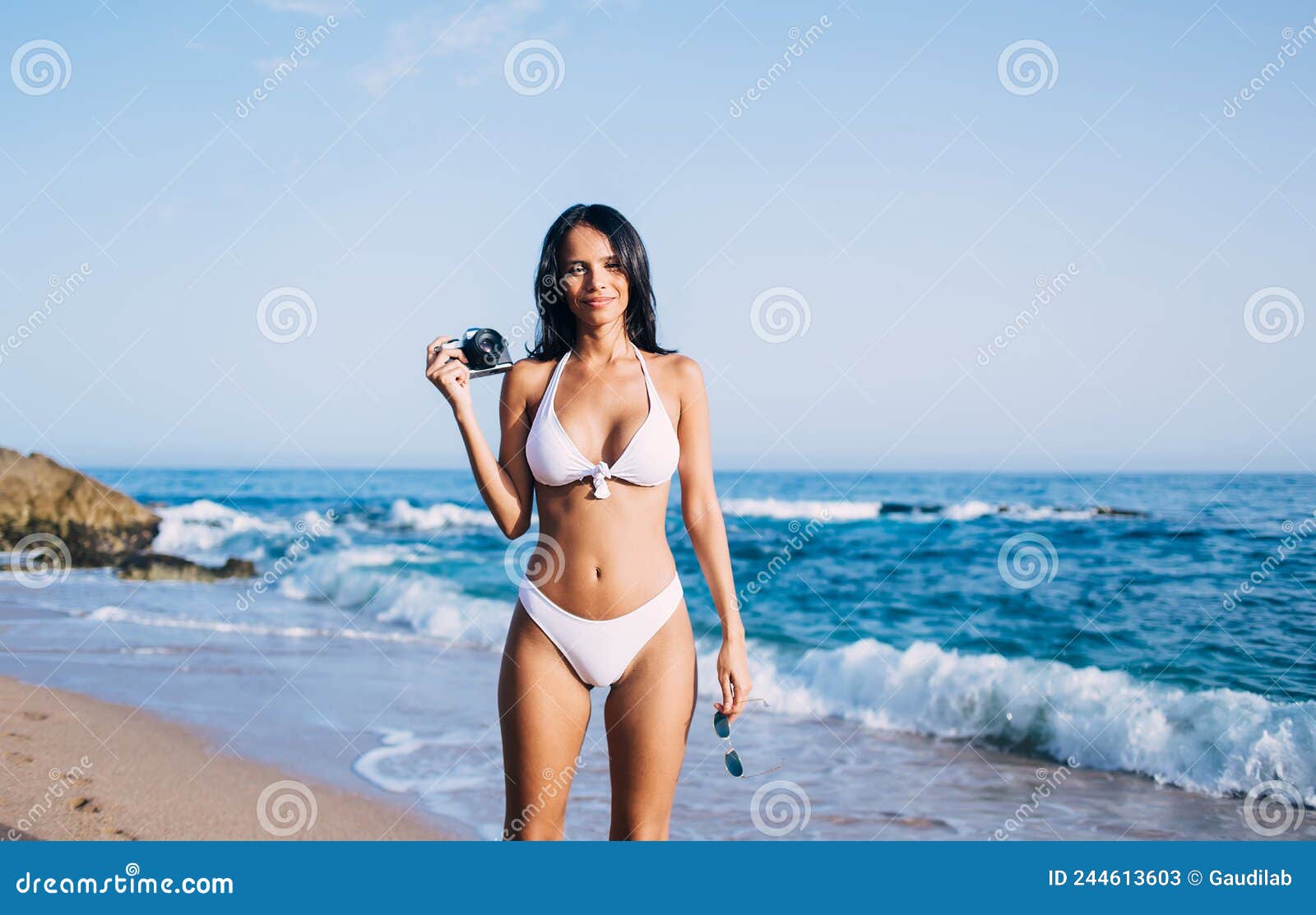 Beautiful Latin Amateur with Old Fashioned Technology Stock Image image