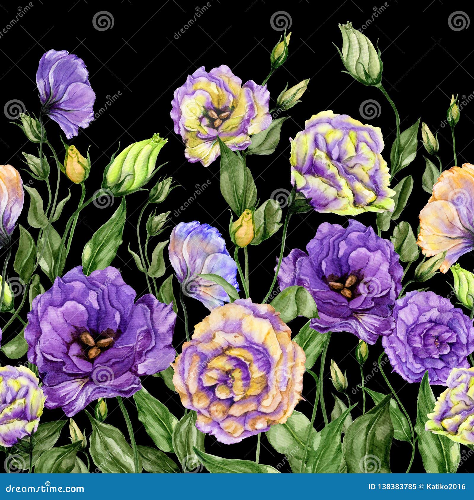 beautiful lisianthus flowers with green leaves on black background. seamless floral pattern. watercolor painting.