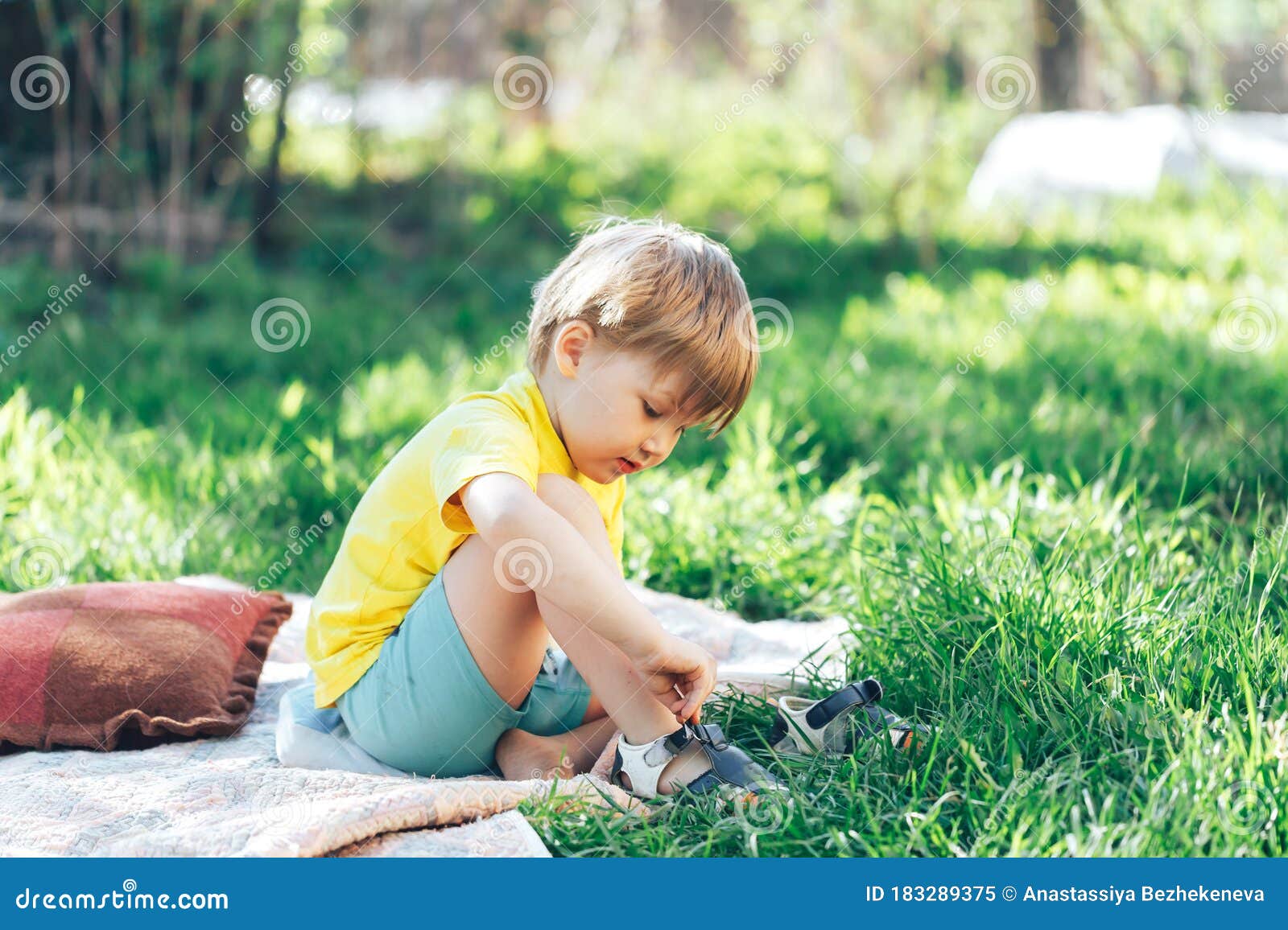 Little Boy Sits On Heels Putting Stock Photo (Edit Now 