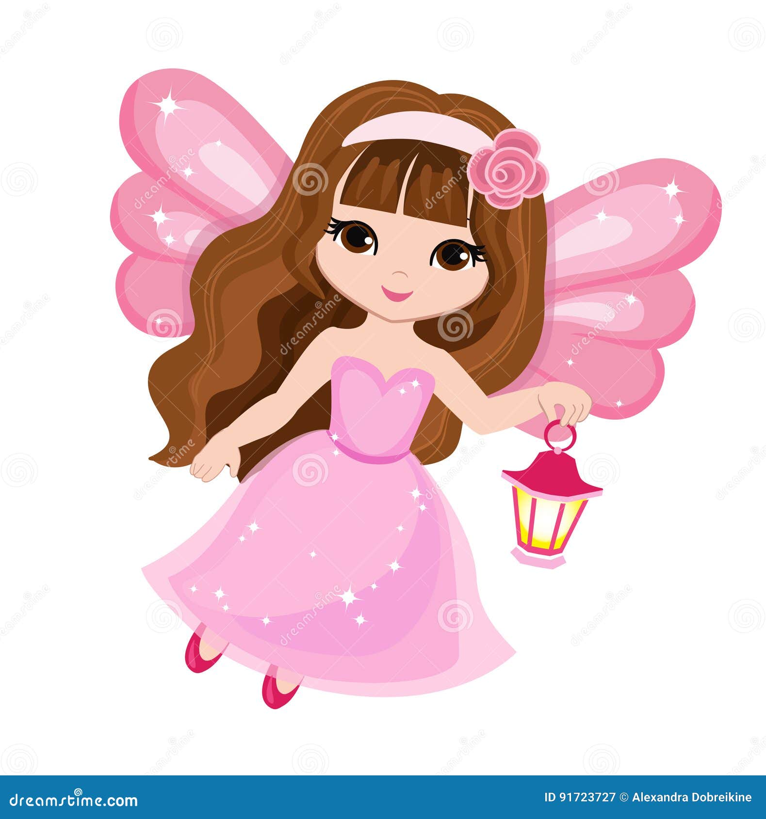 Beautiful Little Fairy In A Pink Dress With A Lantern. Stock Vector