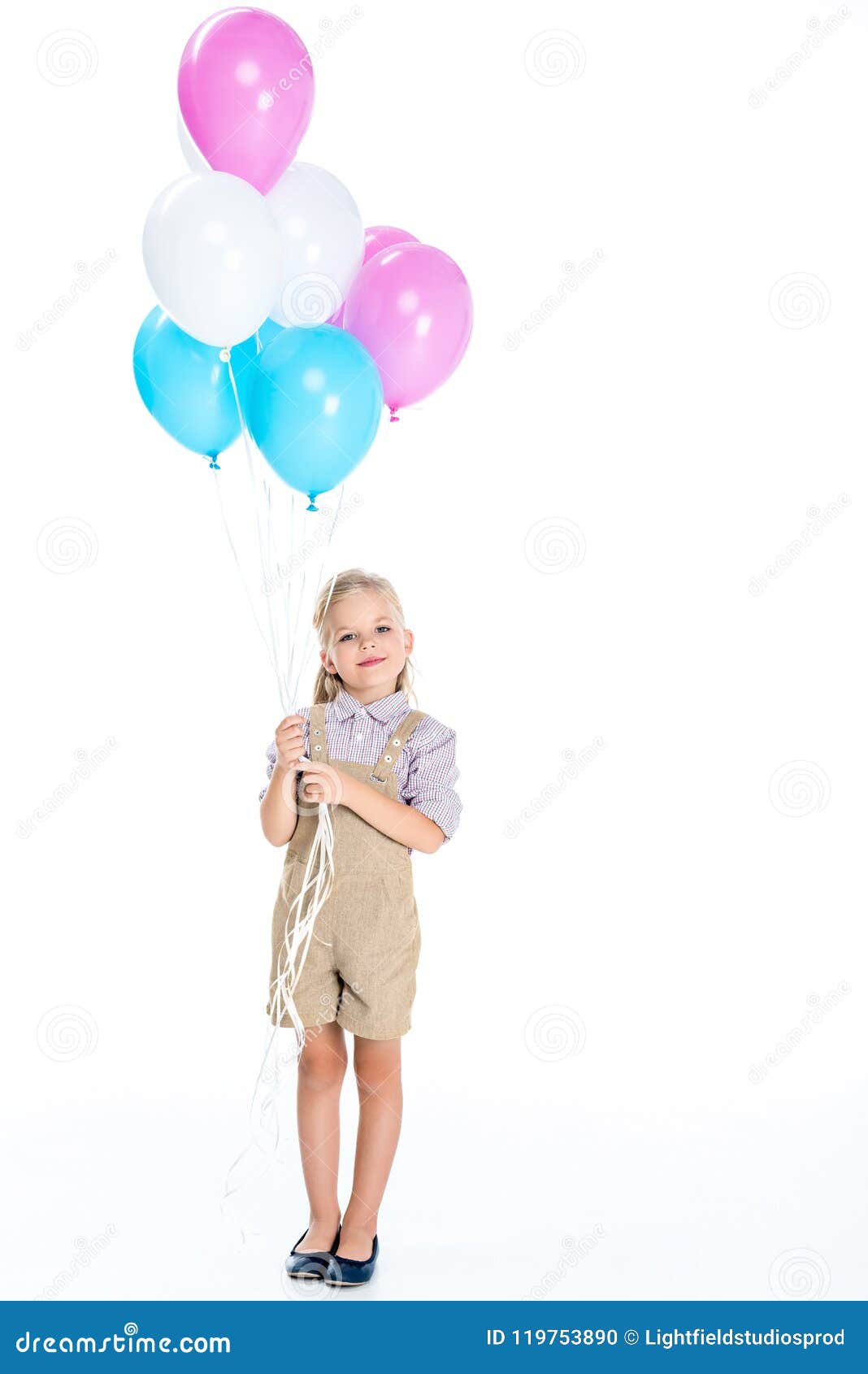 nek kust Ontvangst Beautiful Little Girl Holding Balloons and Smiling at Camera Stock Photo -  Image of isolated, cute: 119753890