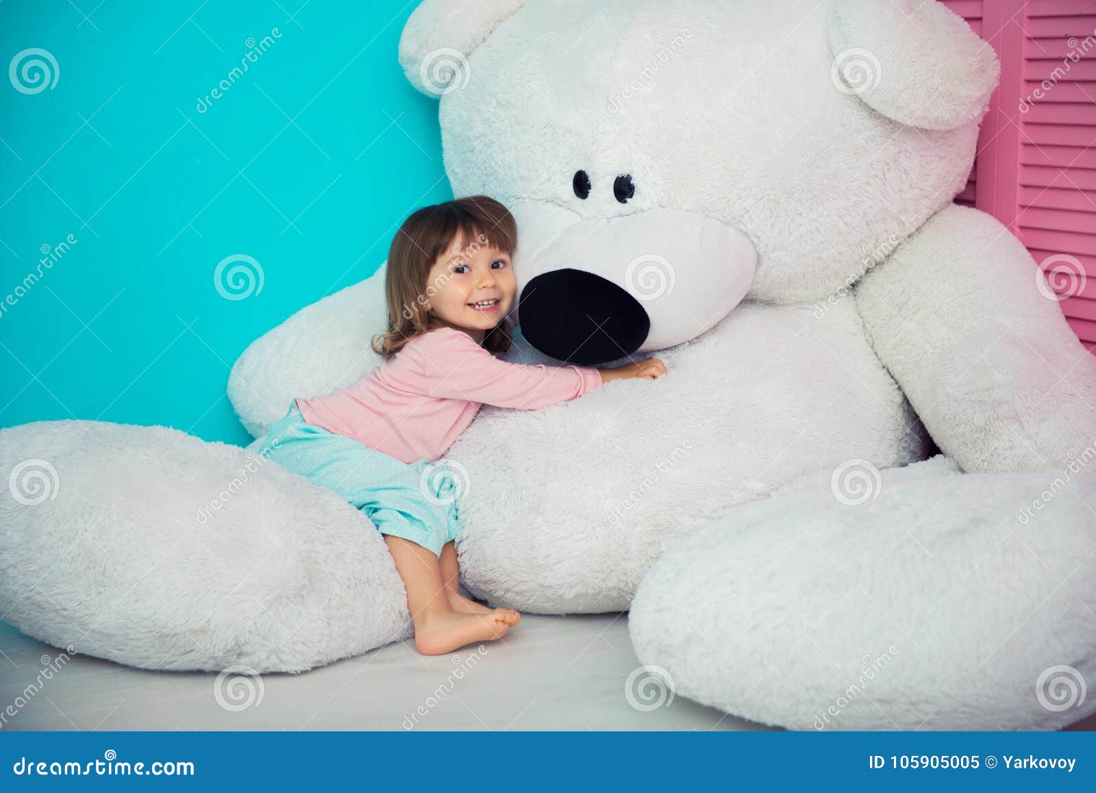 Beautiful Little Girl Hugging Big White Teddy Bear. Stock Image ...