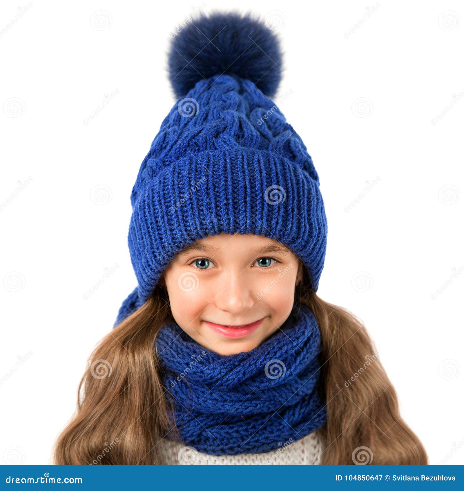 Beautiful Little Girl in Winter Warm Blue Hat and Scarf on White ...
