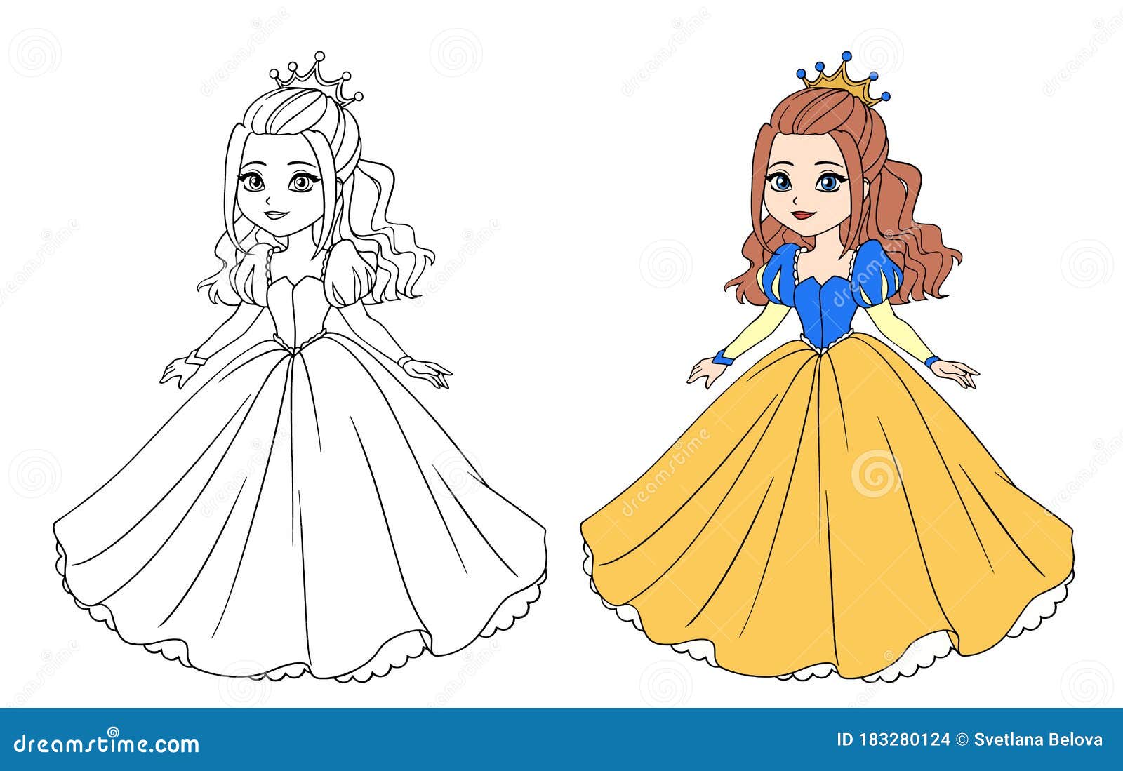 Beautiful Little Princess Wearing Long Ball Dress. Big Cartoon Eyes and  Head Stock Vector - Illustration of cute, little: 183280124
