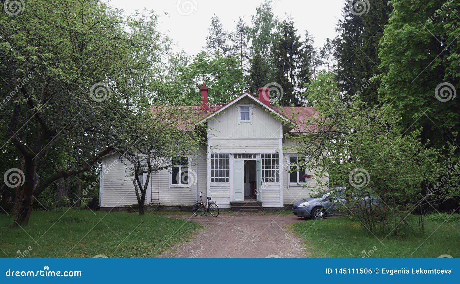 Beautiful Little White House In The Woods The House Has A Bicycle And A Car There Is A Path To The House No People Stock Photo Image Of Outdoor Chimney 145111506