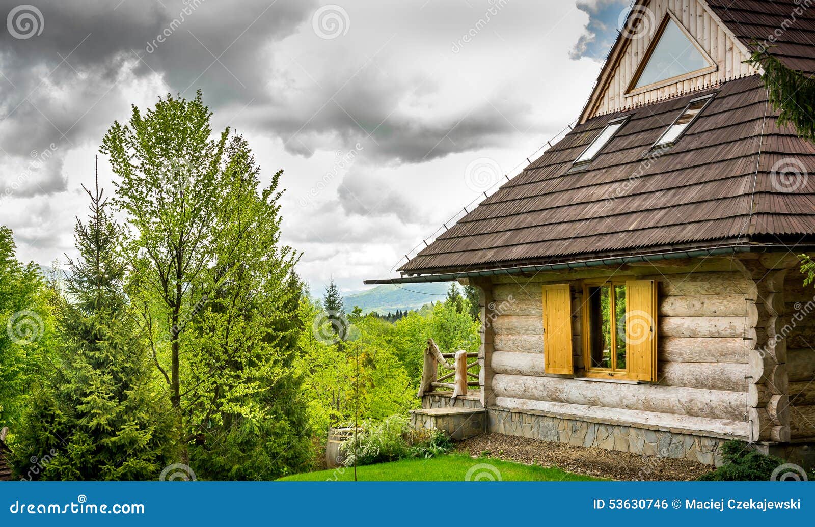 Beautiful Log Cabin In Forest Stock Photo Image Of Panorama Idyllic