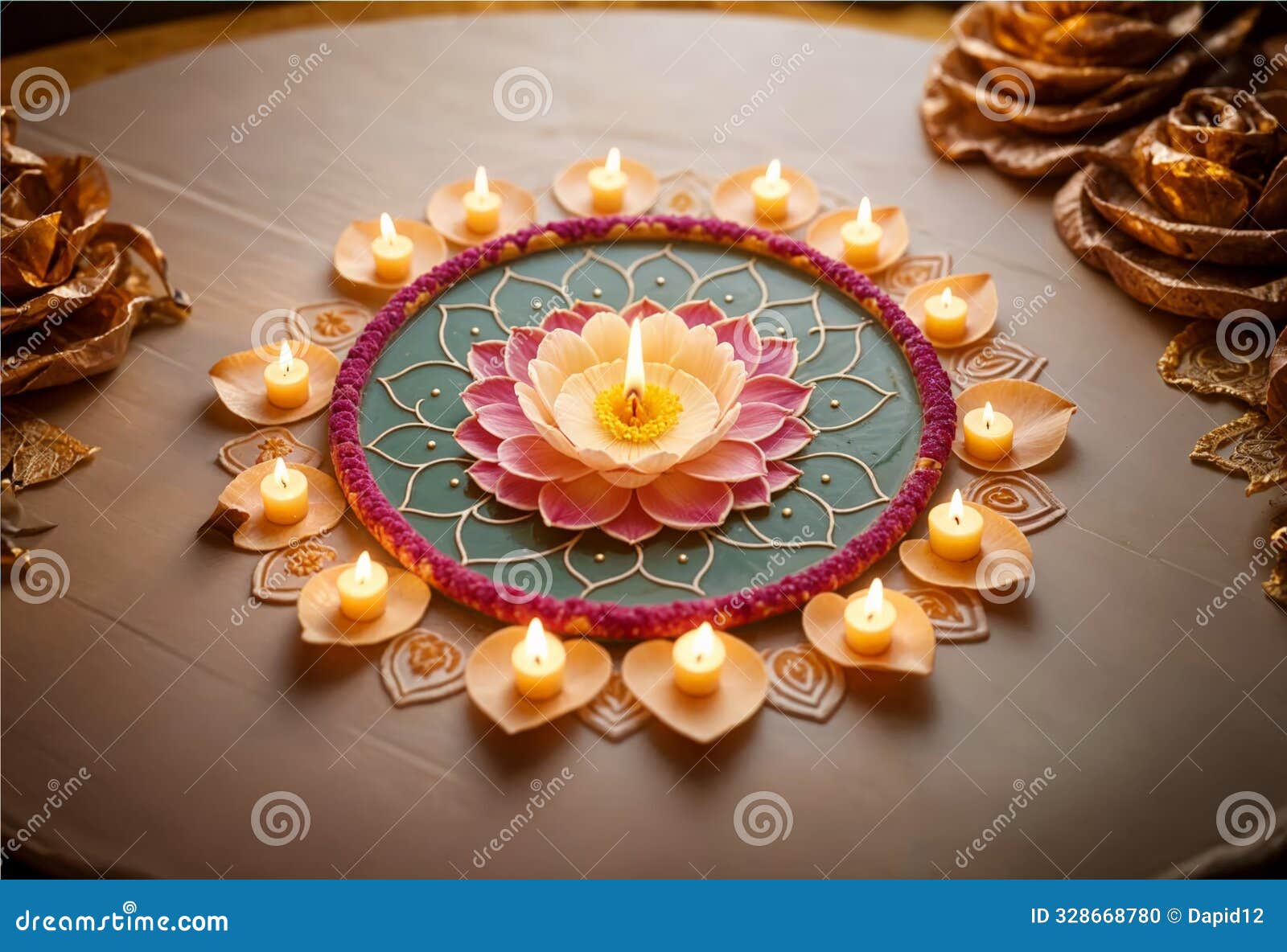 a beautiful lotus flower and diya oild candle arrangement formed a simple rangoli on a table