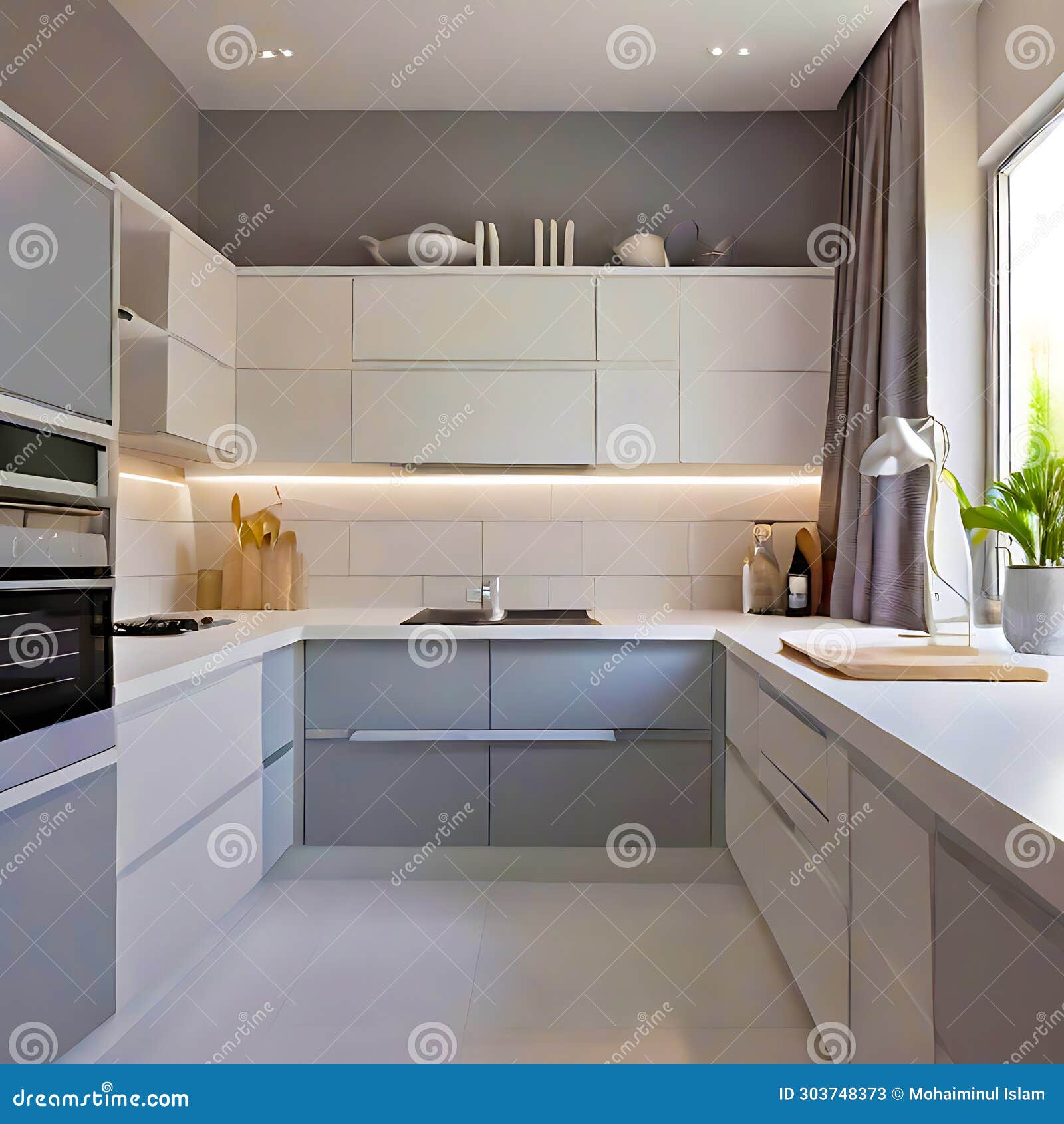 Beautiful Modern White and Grey Kitchen Interior Design. Generative AI