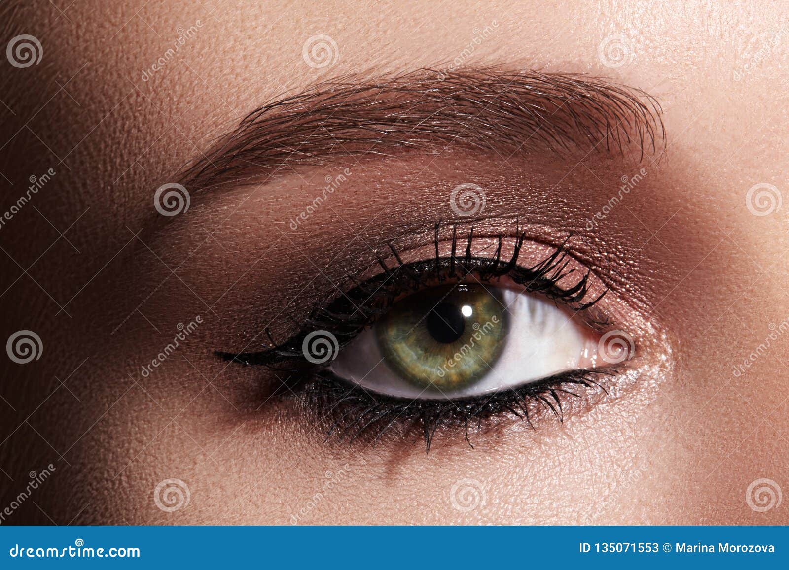 beautiful macro shot of female eye with classic eyeliner makeup. perfect  of eyebrows. cosmetics and make-up