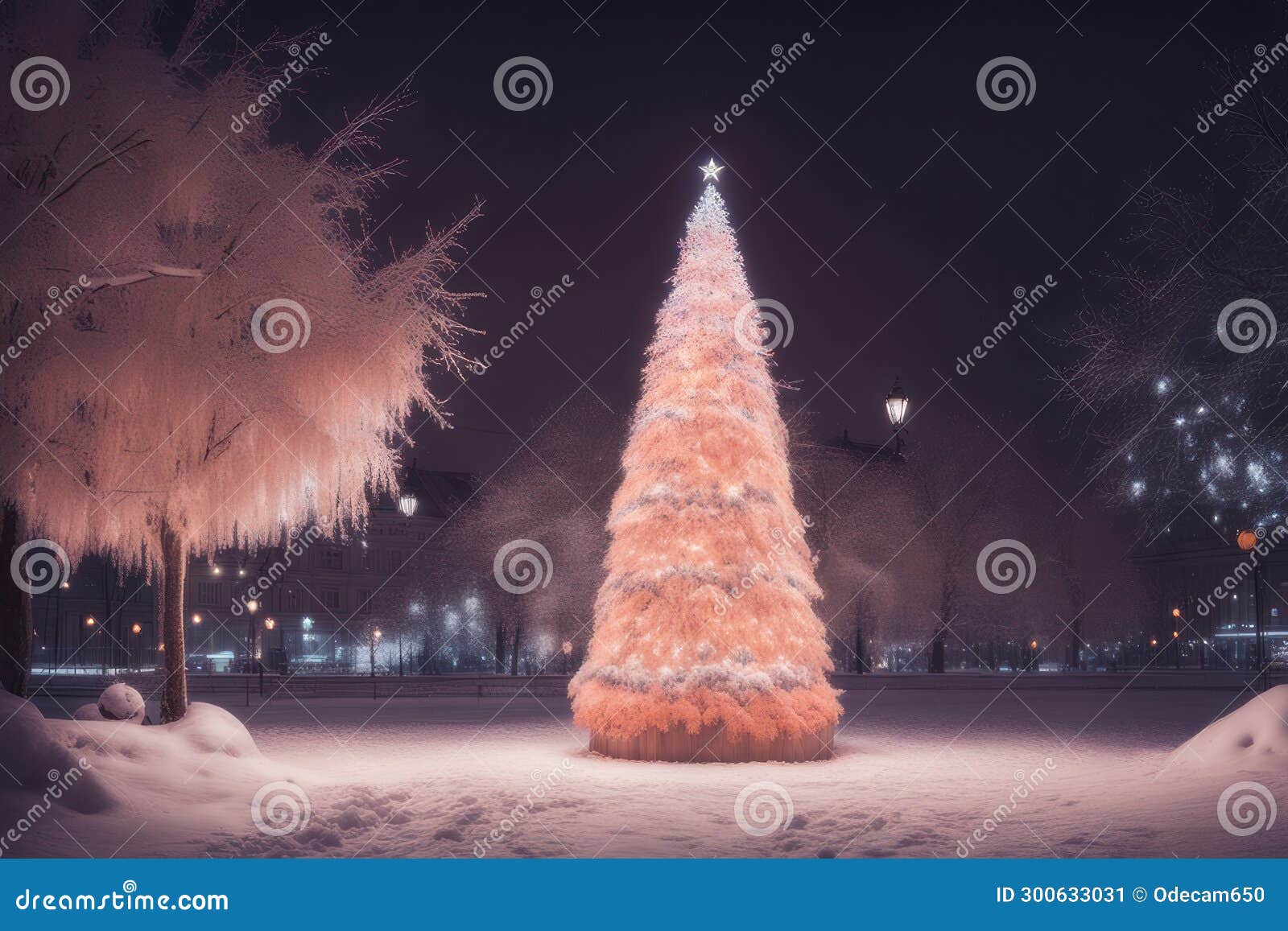 Beautiful Magical Christmas Tree in the Snow Decorated with Peach Fuzz