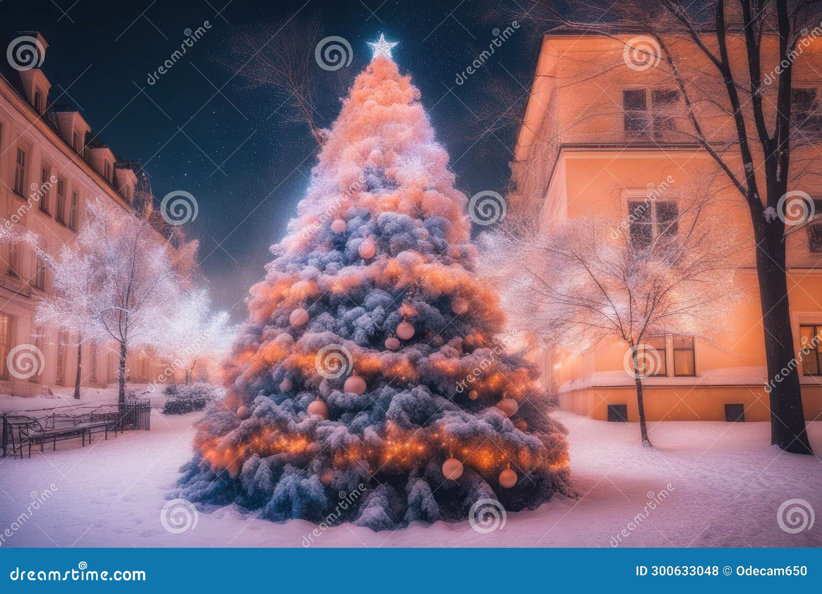 Beautiful Magical Christmas Tree in the Snow Decorated with Peach Fuzz