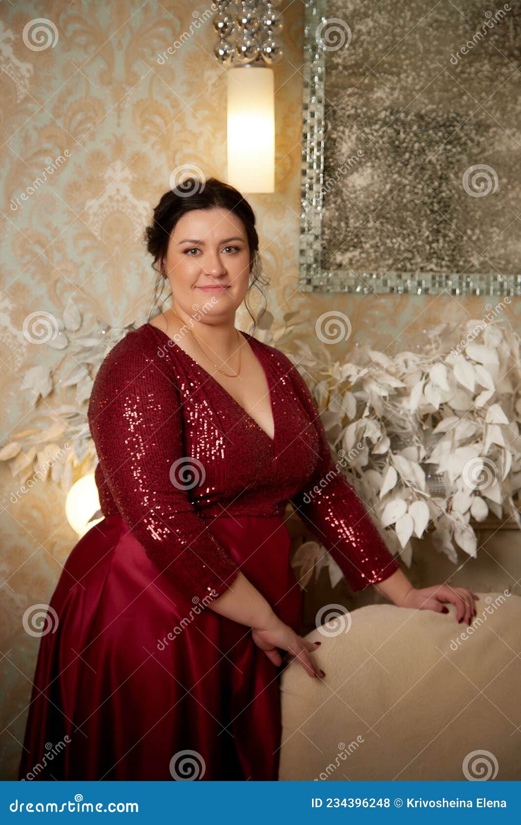 A Beautiful Majestic Solemn Fat Queen In A Red Elegant Dress In A