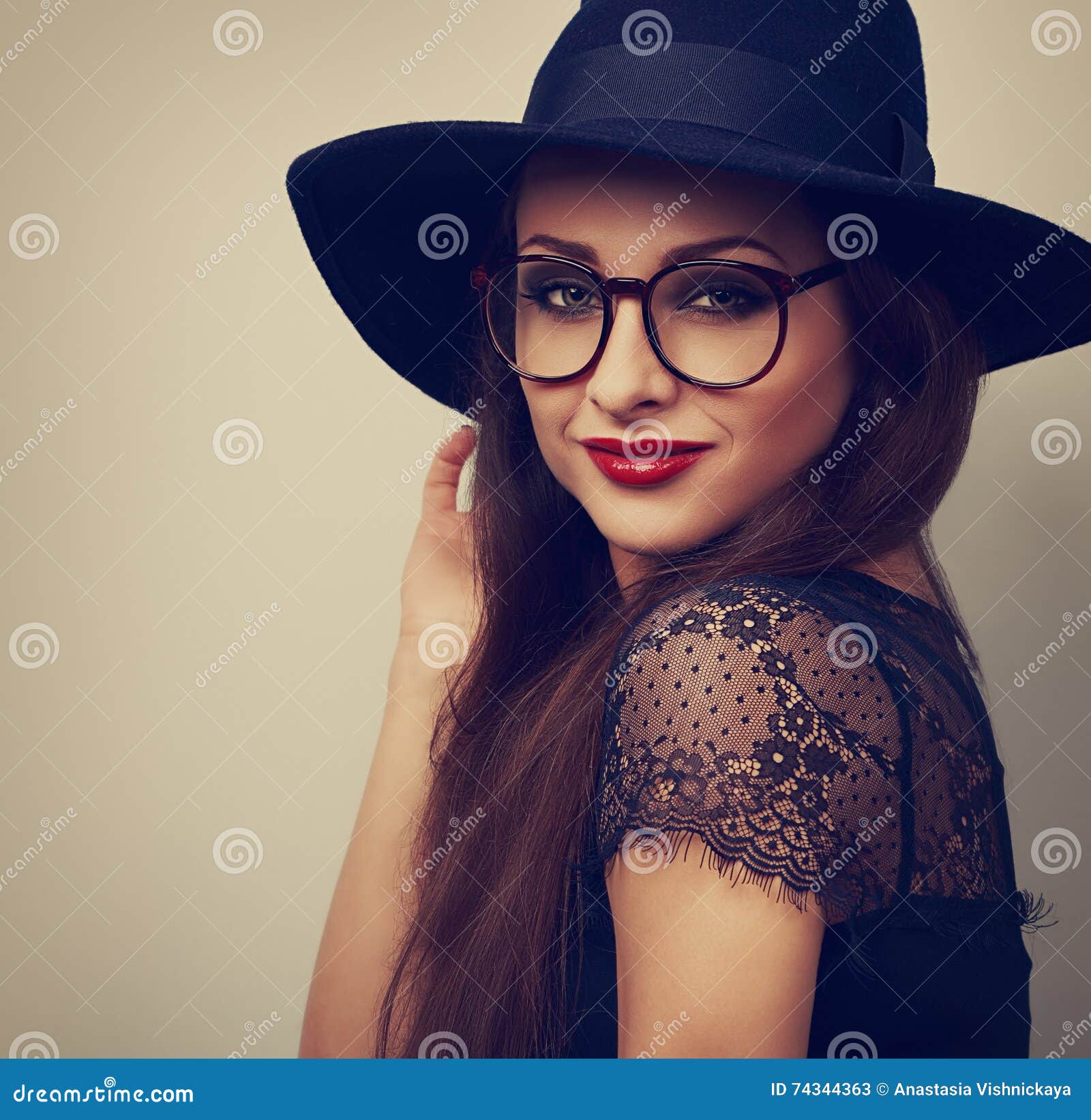Beautiful Makeup Woman in Fashion Black Hat and Eyeglasses Looking with ...