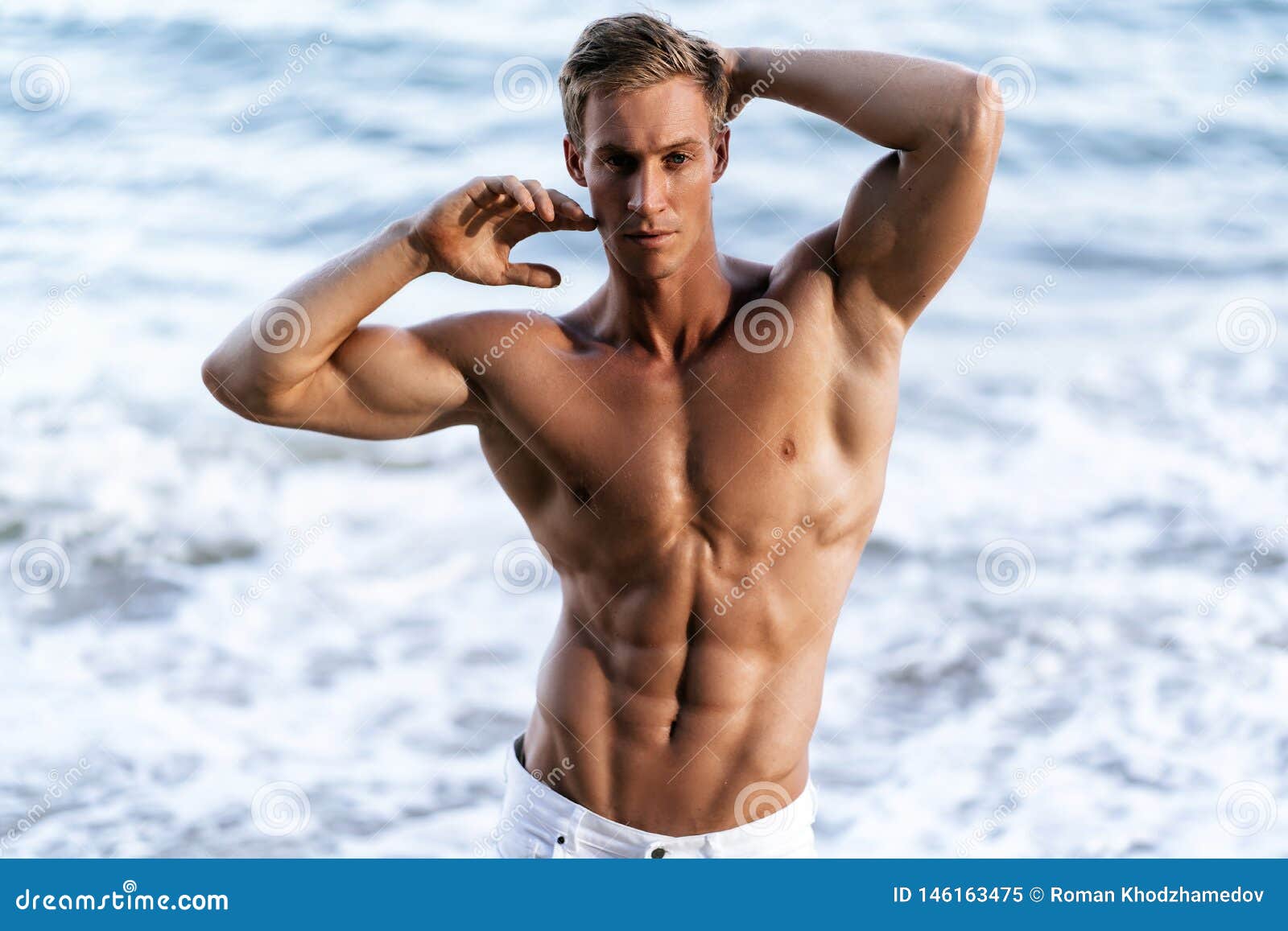 Beach Fitness Models Naked - Beautiful Man With Naked Muscular Torso At White Sand Beach ...