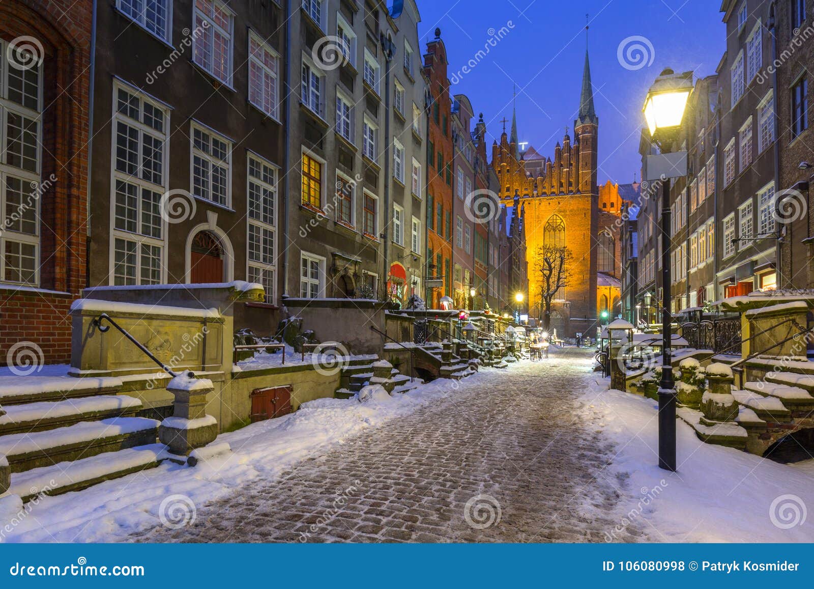 beautiful mariacka street in gdansk at snowy winter