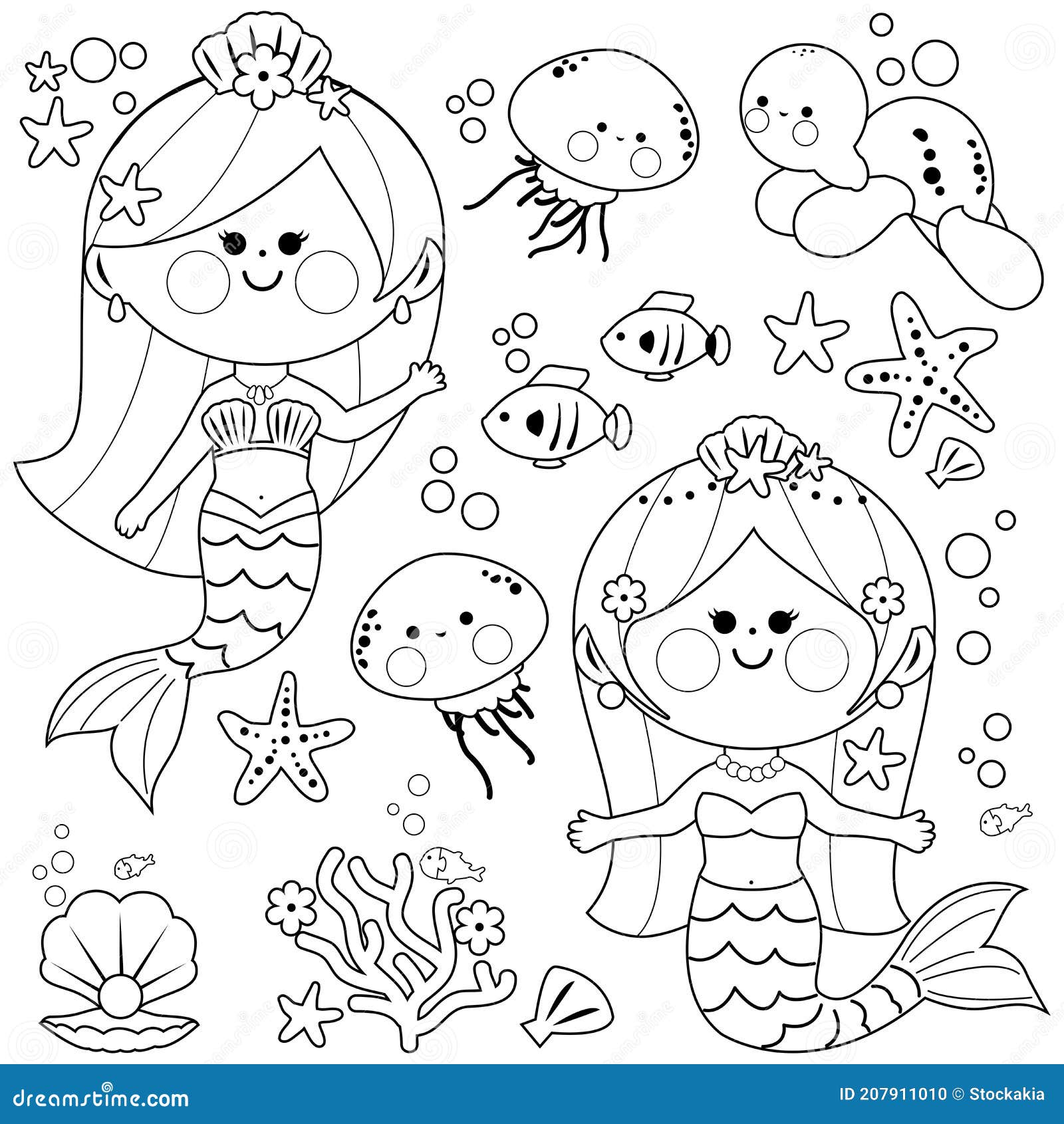 Beautiful Mermaid and Sea Animals. Vector Black and White Coloring Page Stock Vector - Illustration of ocean, mermaid: 207911010 Beautiful Mermaid and Sea Animals. Vector Black and White Coloring Page Stock Vector - Illustration of ocean, mermaid: 207911010