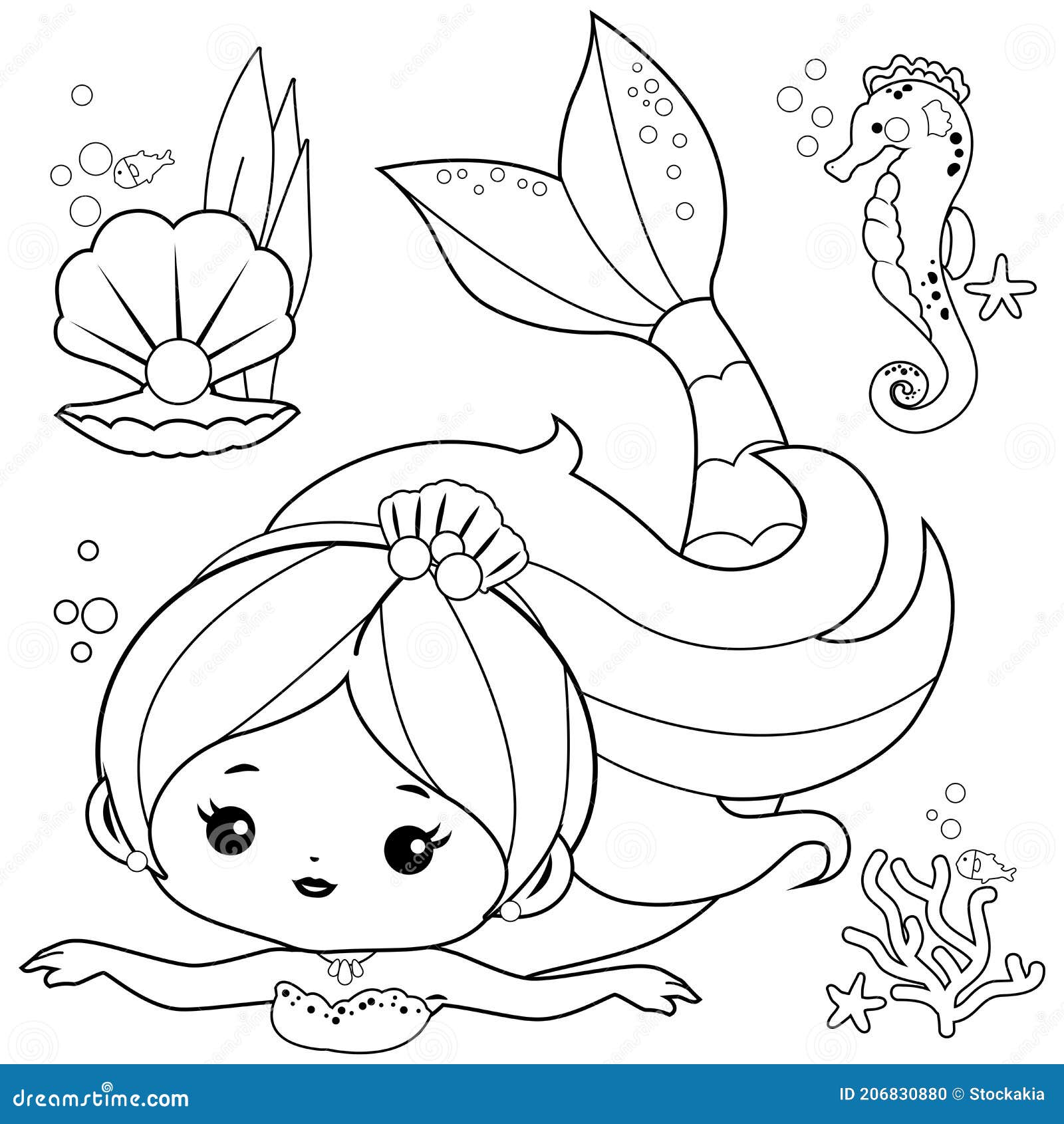 Beautiful Mermaid and Sea Animals. Vector Black and White Coloring Page ...