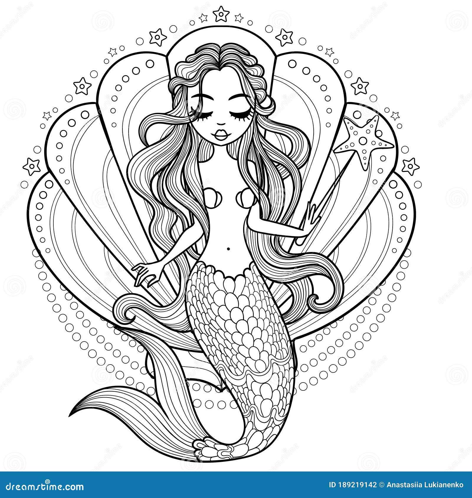 Beautiful Mermaid in a Shell. Drawn by Hand. Black and White. Vector
